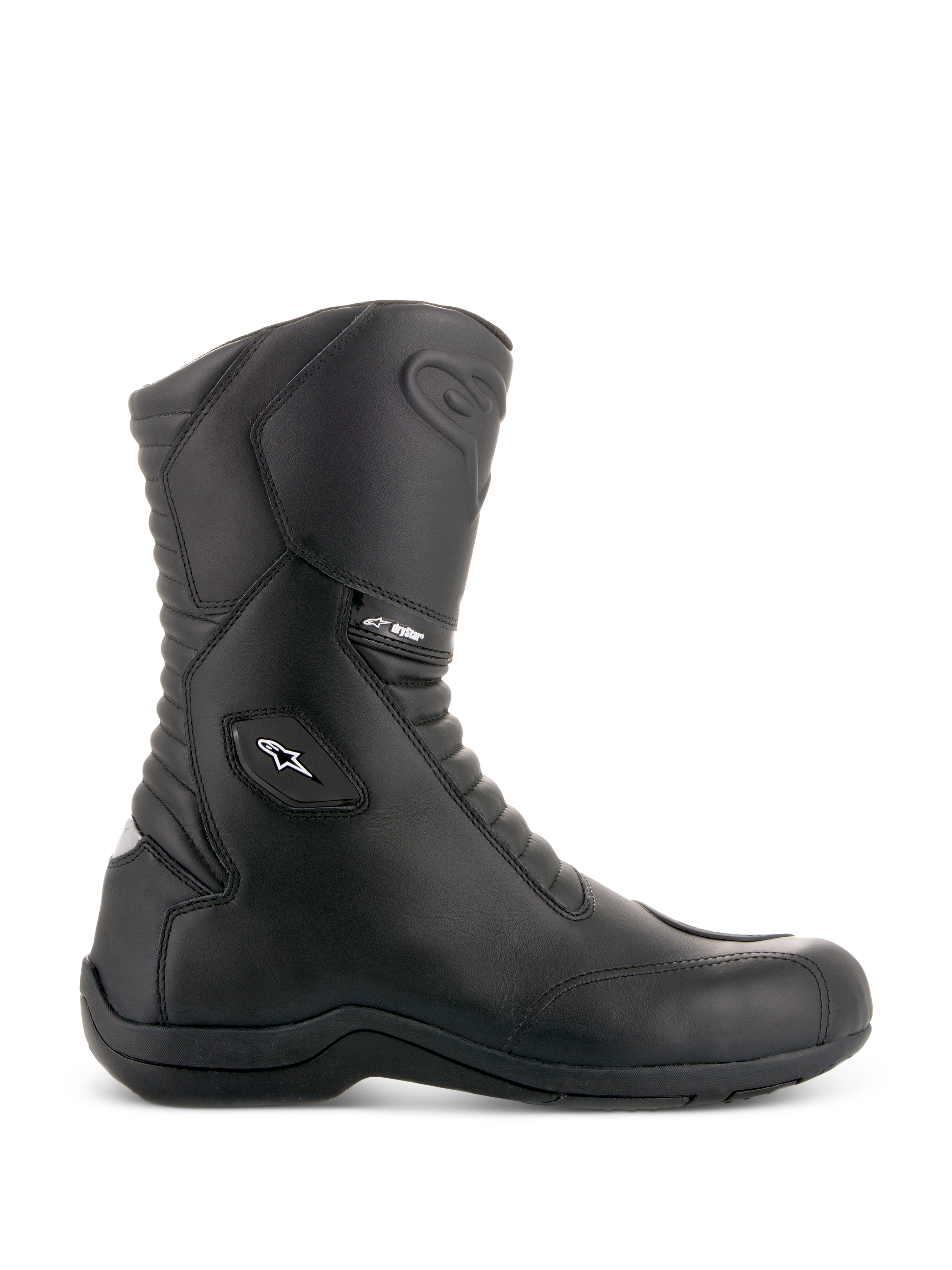 Alpinestars Andes V2 Drystar støvler, sorte motorcykelstøvler til touring, design med højt skaft, vandtæt læderkonstruktion, harmonika-flexpaneler foran og bagpå, hvidt stjerne-logo og Drystar-branding, robust sort sål, beskyttende forstærket ankel og tå