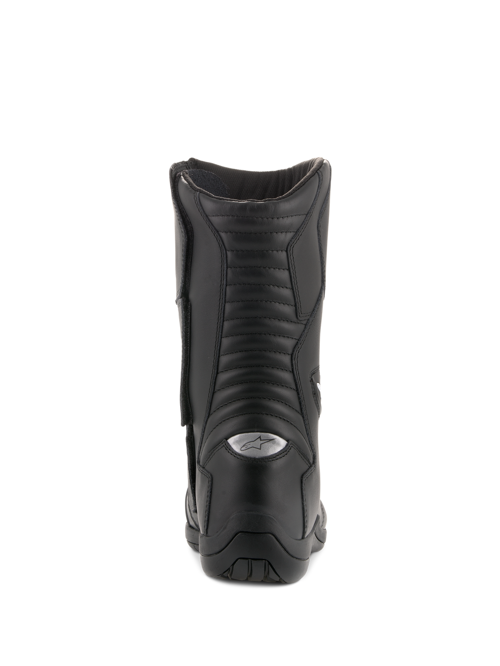 Alpinestars Andes V2 Drystar støvler, vandtætte touringstøvler, sort, set bagfra med fokus på harmonika-flexpaneler i læder og sølvreflekterende A-star logo på hælen, holdbart motorcykelfodtøj til adventure-kørsel