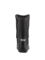 Alpinestars Andes V2 Drystar støvler, vandtætte touringstøvler, sort, set bagfra med fokus på harmonika-flexpaneler i læder og sølvreflekterende A-star logo på hælen, holdbart motorcykelfodtøj til adventure-kørsel