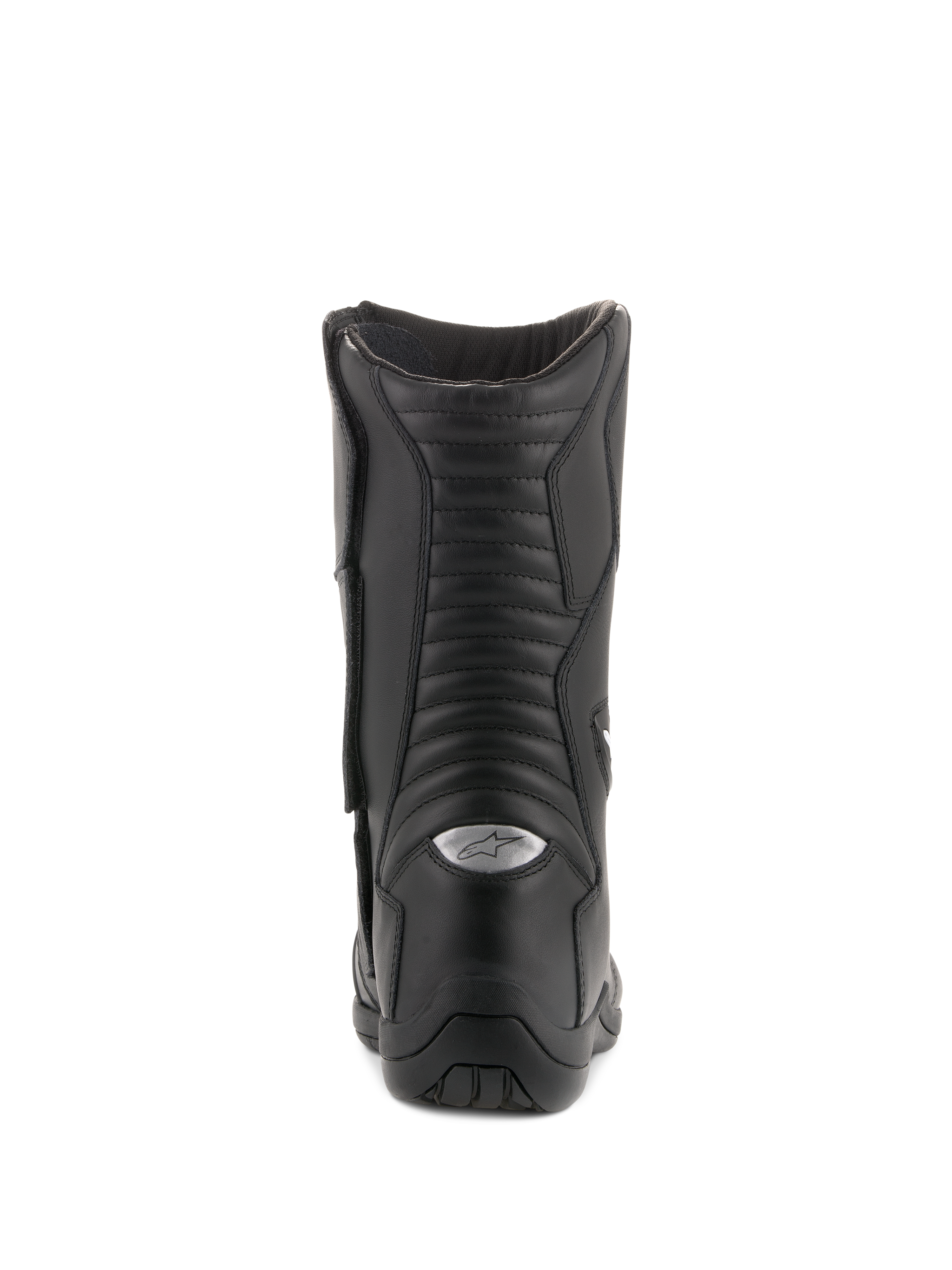 Alpinestars Andes V2 Drystar støvler, vandtætte touringstøvler, sort, set bagfra med fokus på harmonika-flexpaneler i læder og sølvreflekterende A-star logo på hælen, holdbart motorcykelfodtøj til adventure-kørsel