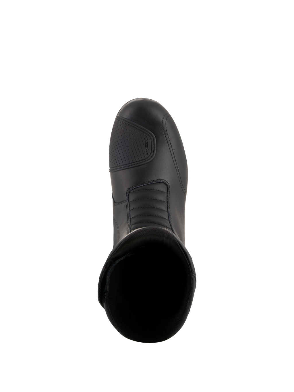 Alpinestars Andes V2 Drystar® støvler, sorte motorcykel touringstøvler, set oppefra med læderoverdel, tekstureret skifteplade og front-akordeon-flekszone til vandtæt adventure-kørsel.