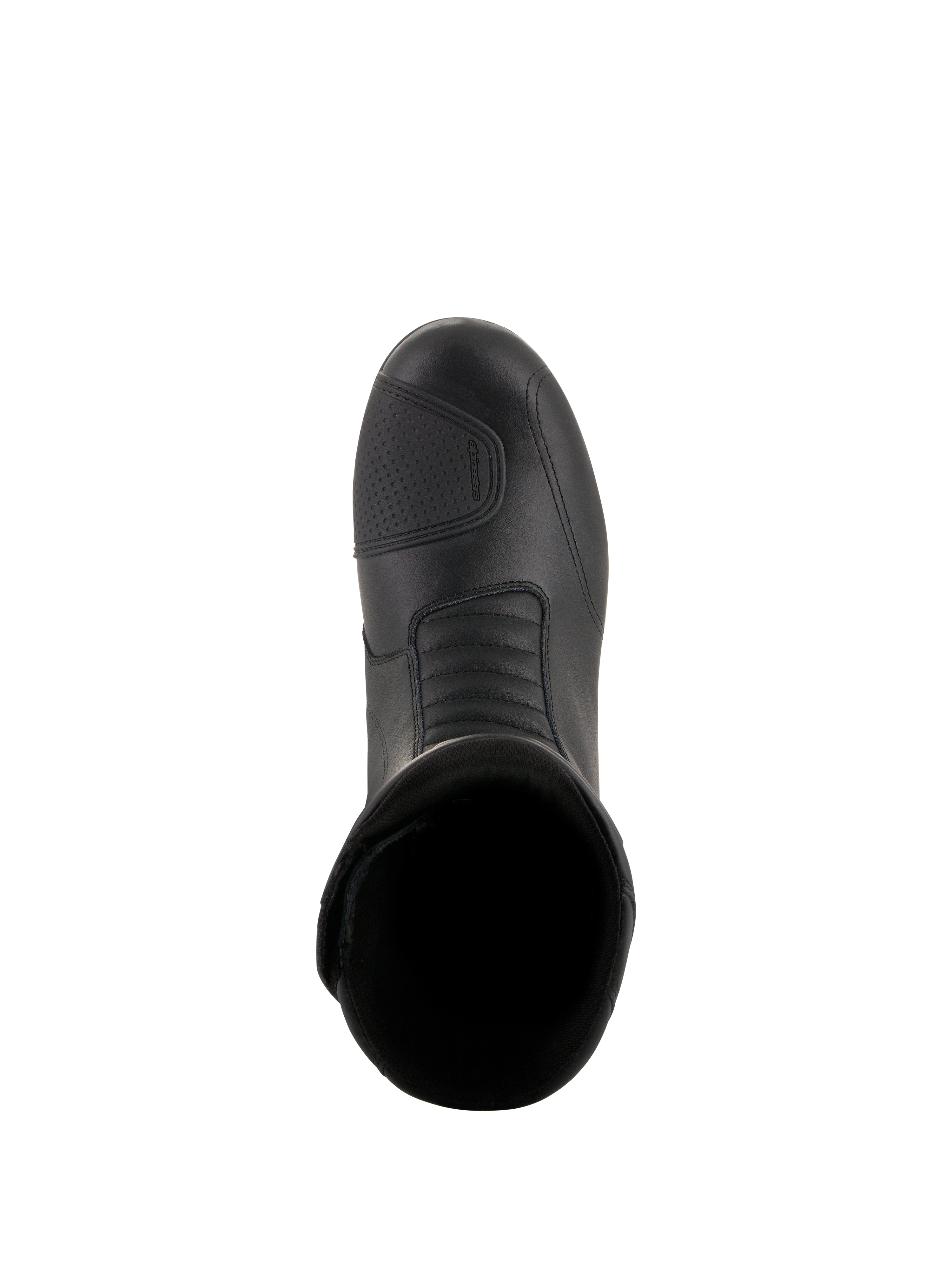 Alpinestars Andes V2 Drystar® støvler, sorte motorcykel touringstøvler, set oppefra med læderoverdel, tekstureret skifteplade og front-akordeon-flekszone til vandtæt adventure-kørsel.