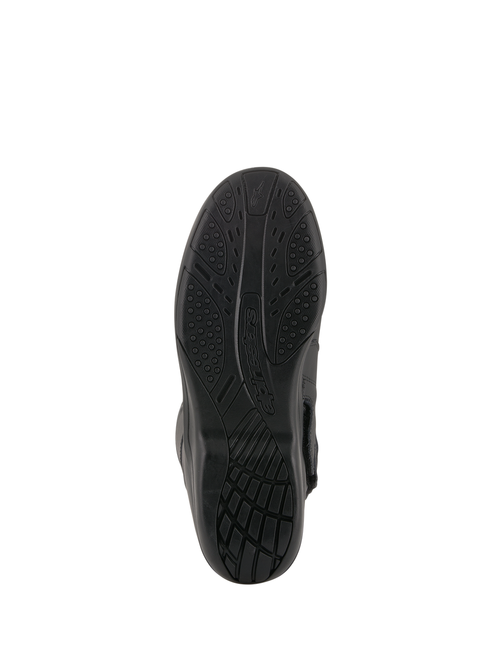 Alpinestars Andes V2 Drystar® støvler, sort, visning af den vulkaniserede gummisål, tekstureret grebsmønster til vandafledning og holdbarhed, motorcykel touring fodtøj