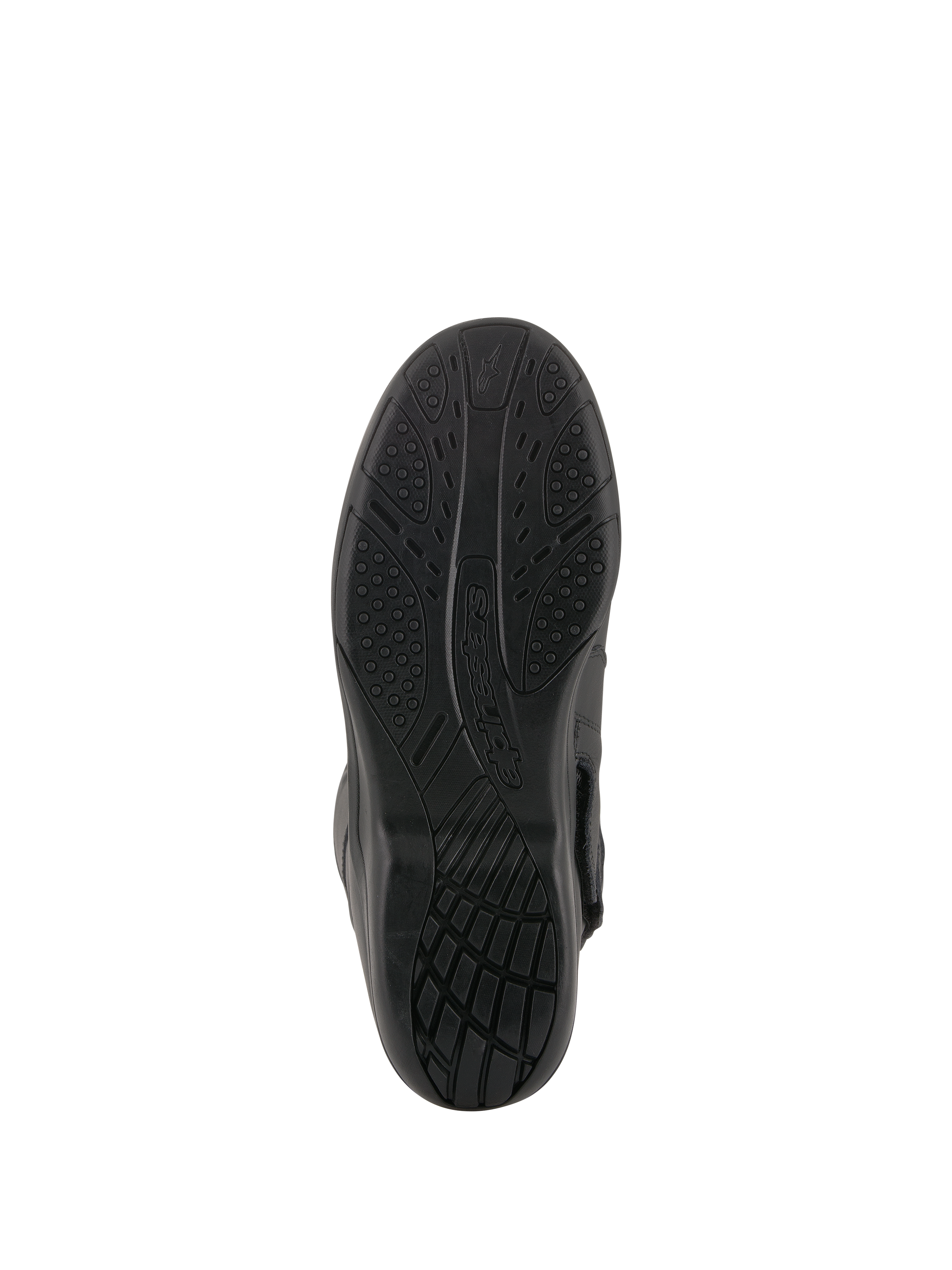 Alpinestars Andes V2 Drystar® støvler, sort, visning af den vulkaniserede gummisål, tekstureret grebsmønster til vandafledning og holdbarhed, motorcykel touring fodtøj