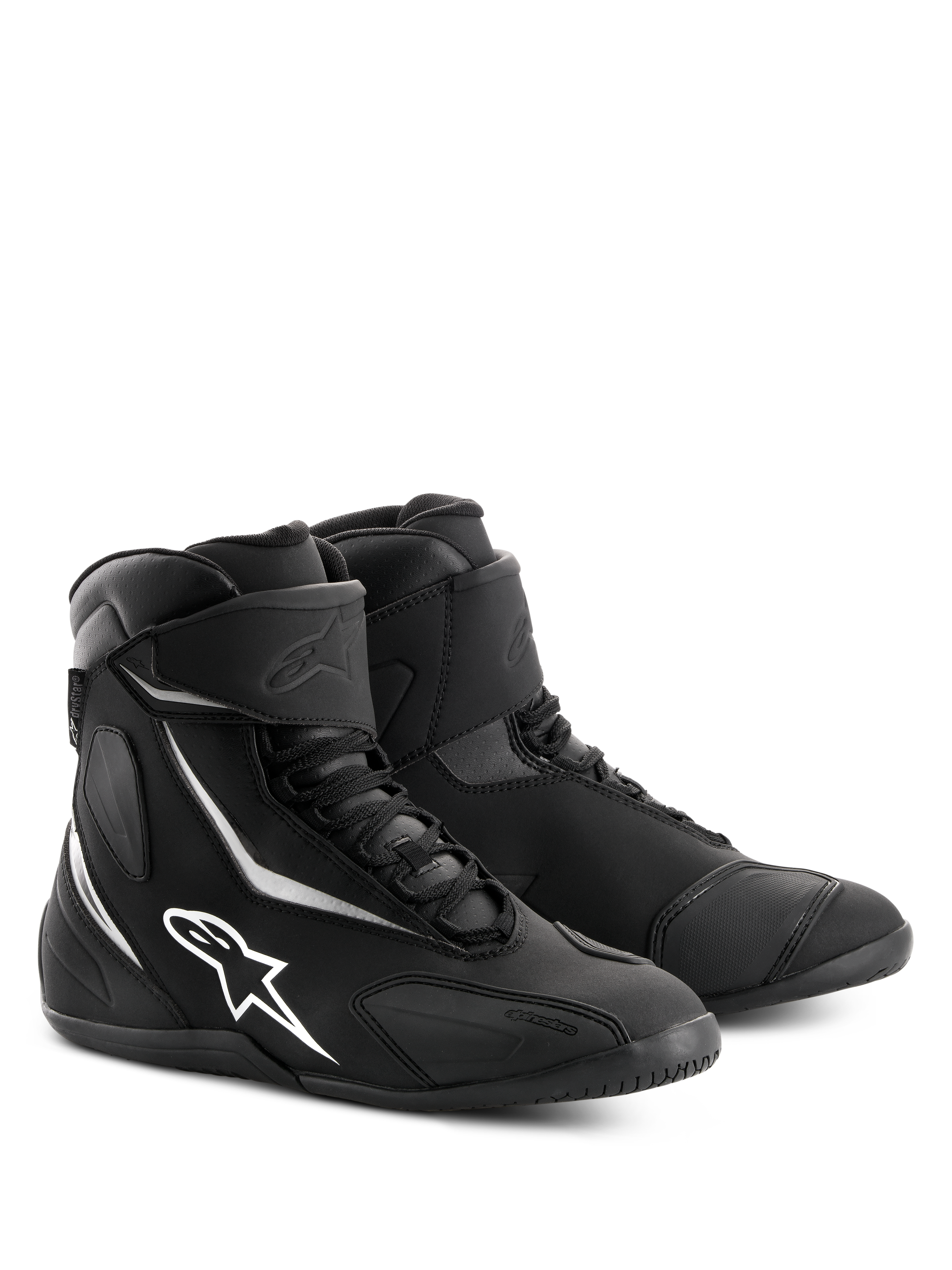 Alpinestars Fastback 2 Drystar® Waterproof Shoes, Black and White motorcycle riding shoes, high-top design with white Alpinestars logo and accents, lace-up closure with hook-and-loop ankle strap, durable construction for road touring.