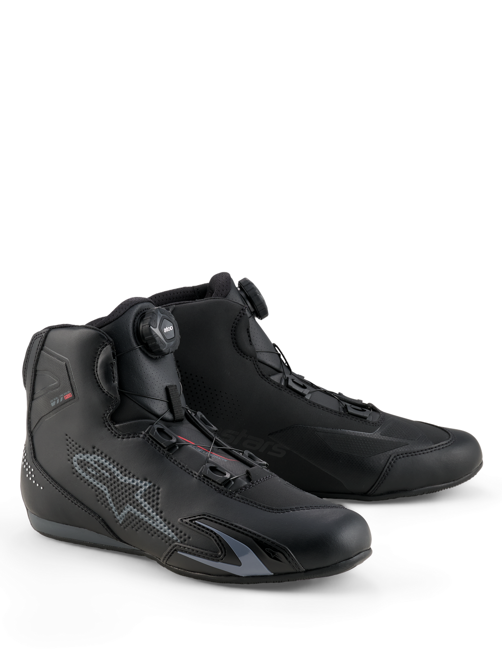Alpinestars Celer sko, motorcykelsko, sort og mørkegrå, med integreret Rotor-lukkesystem for præcis pasform, teknisk mikrofiberkonstruktion med perforeret stjernelogo, lavprofil sportsdesign til racing og gadekørsel