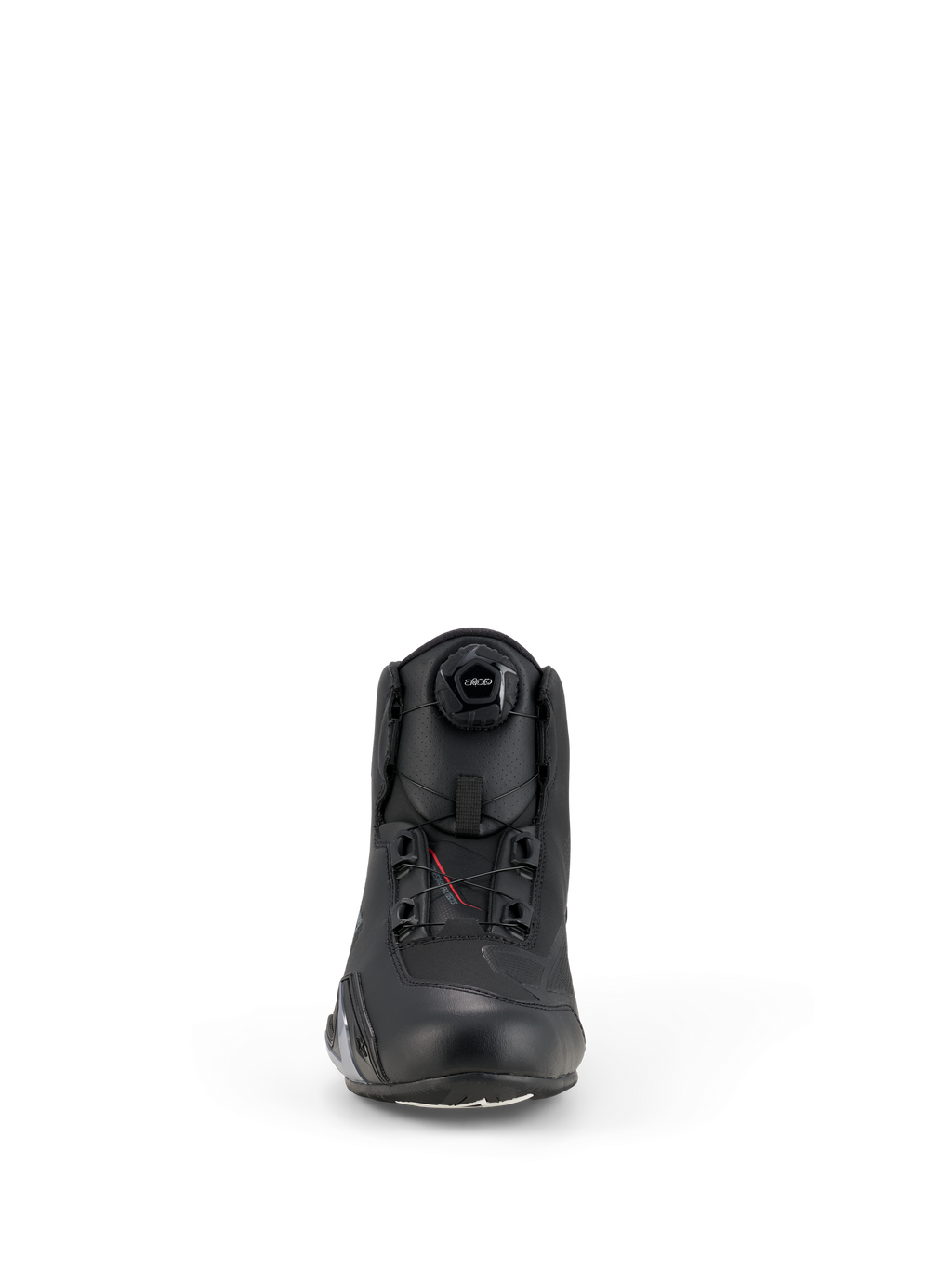 Alpinestars Celer sko, motorcykelsko, sort, set forfra med det integrerede Rotor Closure System-drejehjul, teknisk mikrofiberkonstruktion med en strømlinet profil og forstærket tåområde.