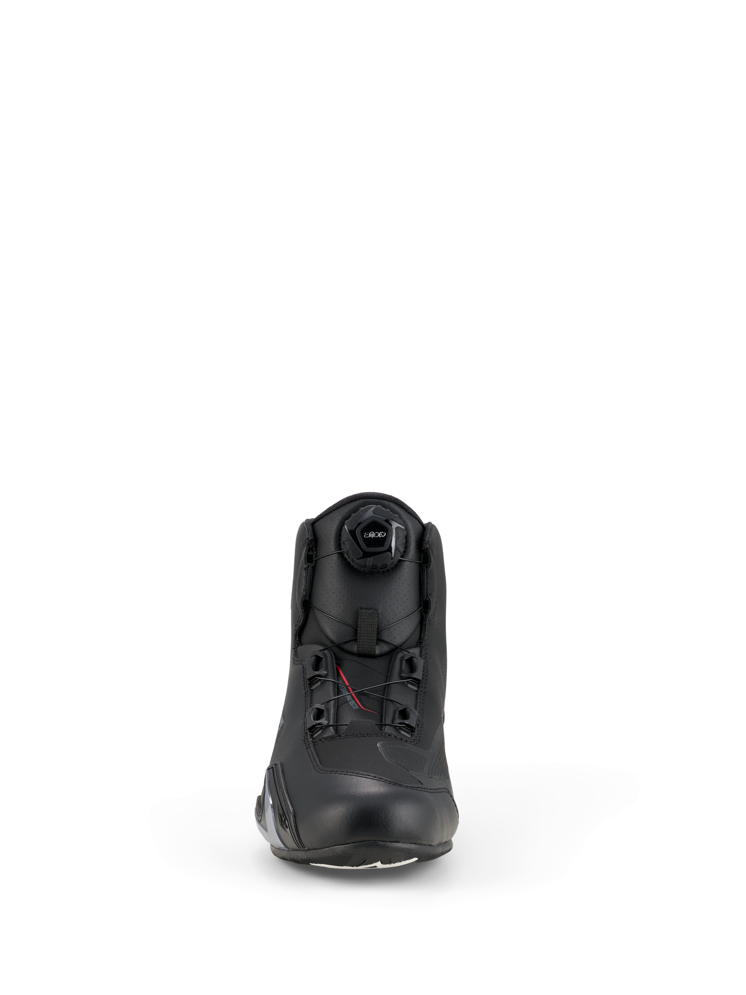 Alpinestars Celer sko, motorcykelsko, sort, set forfra med det integrerede Rotor Closure System-drejehjul, teknisk mikrofiberkonstruktion med en strømlinet profil og forstærket tåområde.