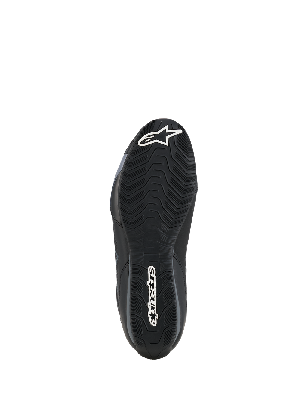 Alpinestars Celer sko, underside af sålen, sort oliebestandig gummiblanding med tekstureret bølget grebsmønster, hvidt Alpinestars-logo på tå og hæl, designet til greb på motorcyklens fodhvilere
