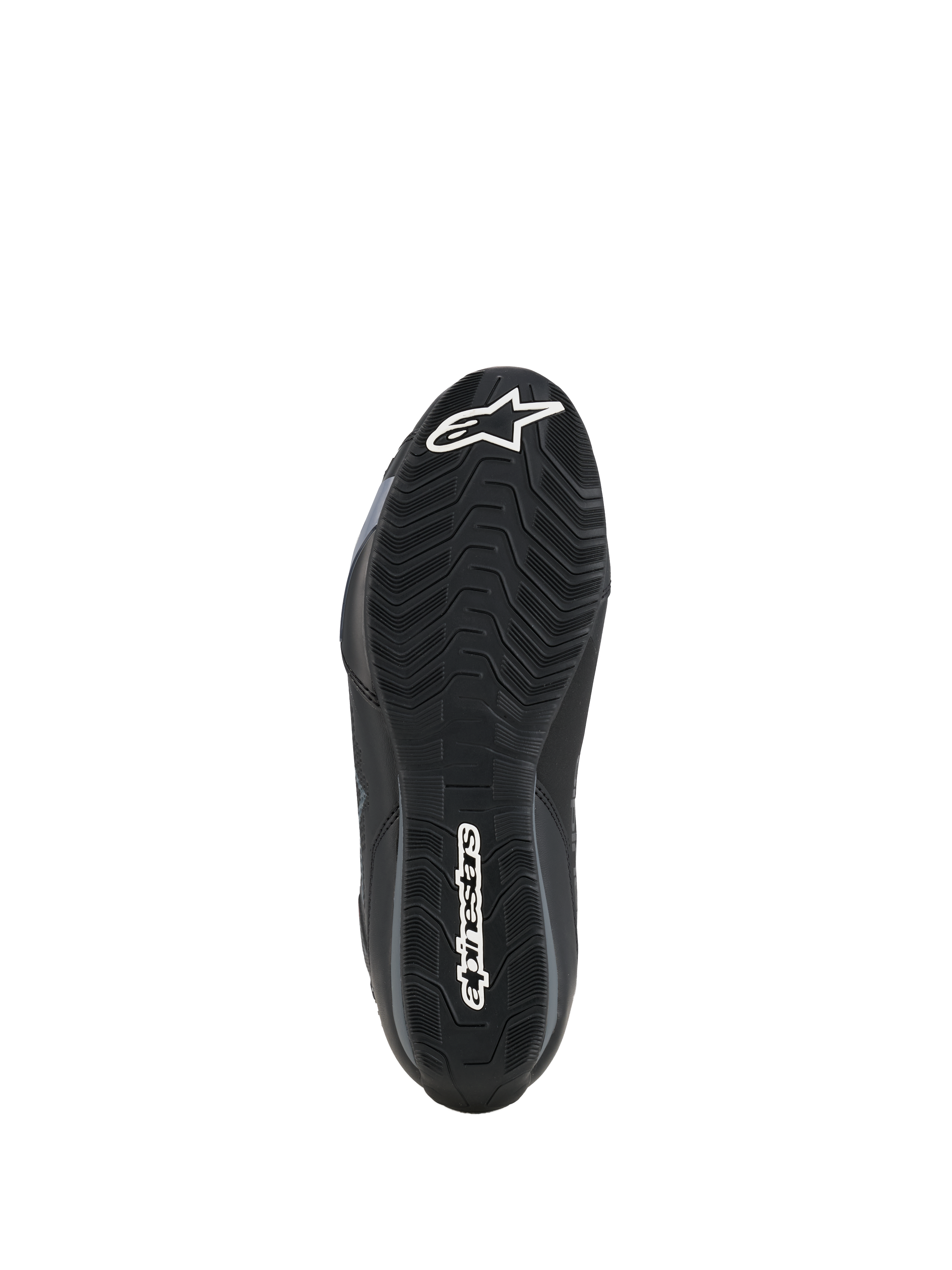 Alpinestars Celer sko, underside af sålen, sort oliebestandig gummiblanding med tekstureret bølget grebsmønster, hvidt Alpinestars-logo på tå og hæl, designet til greb på motorcyklens fodhvilere