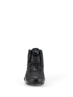 Alpinestars Celer Shoes, Motorcycle Riding Shoes, Black and White, front view showing the innovative Rotor Closure System dial, technical microfiber construction, sleek sport performance design