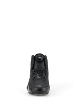 Alpinestars Celer Shoes, Motorcycle Riding Shoes, Black and White, front view showing the innovative Rotor Closure System dial, technical microfiber construction, sleek sport performance design