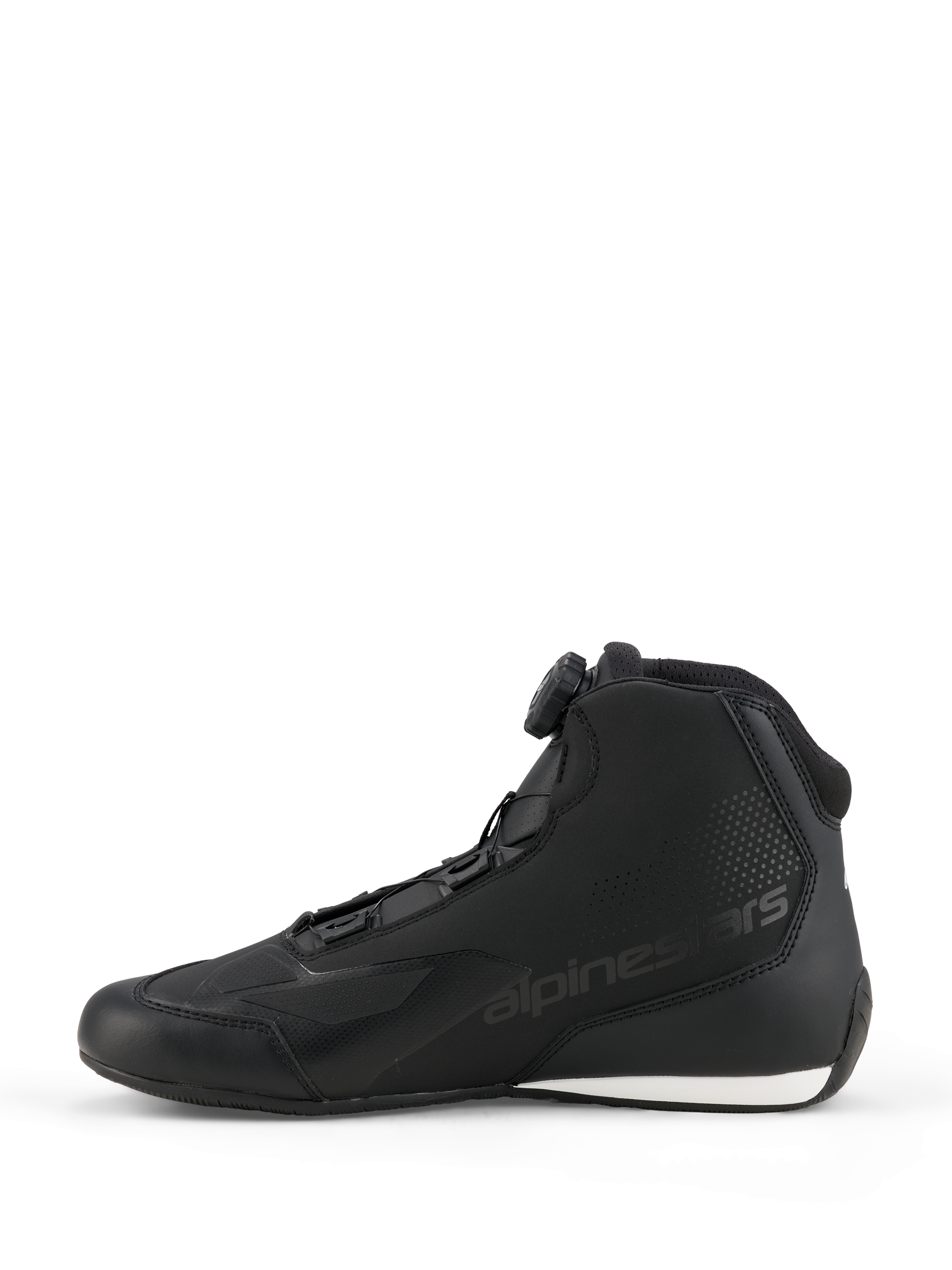 Alpinestars Celer Shoes, Motorcycle Riding Shoes, Black and White, side profile featuring the Rotor Closure System dial, sleek microfiber construction with embossed logo and white contrast on the heel.
