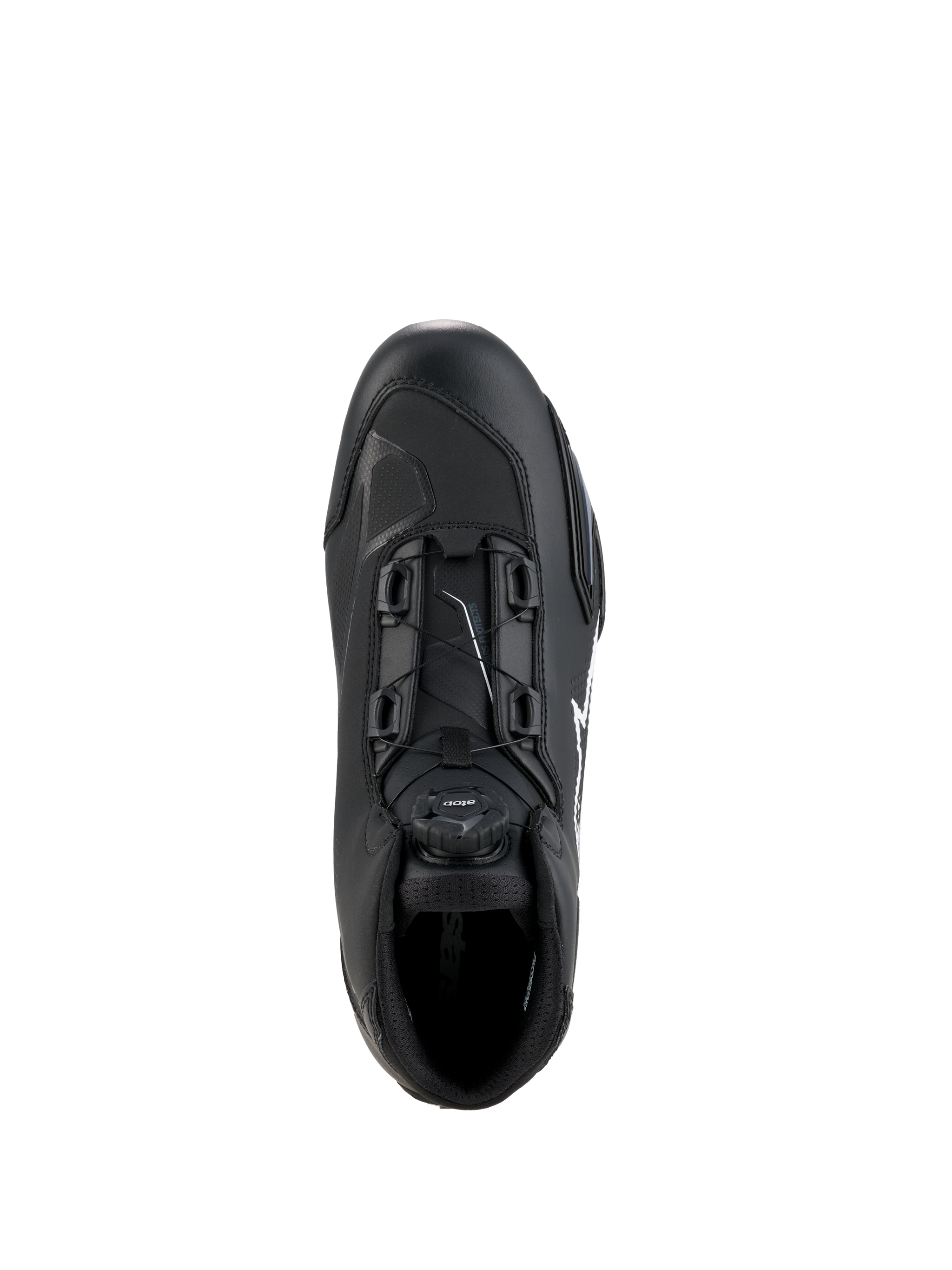 Alpinestars Celer Shoes, Black and White, top-down view highlighting the Rotor Closure System dial, technical microfiber construction, and sleek sport riding silhouette.