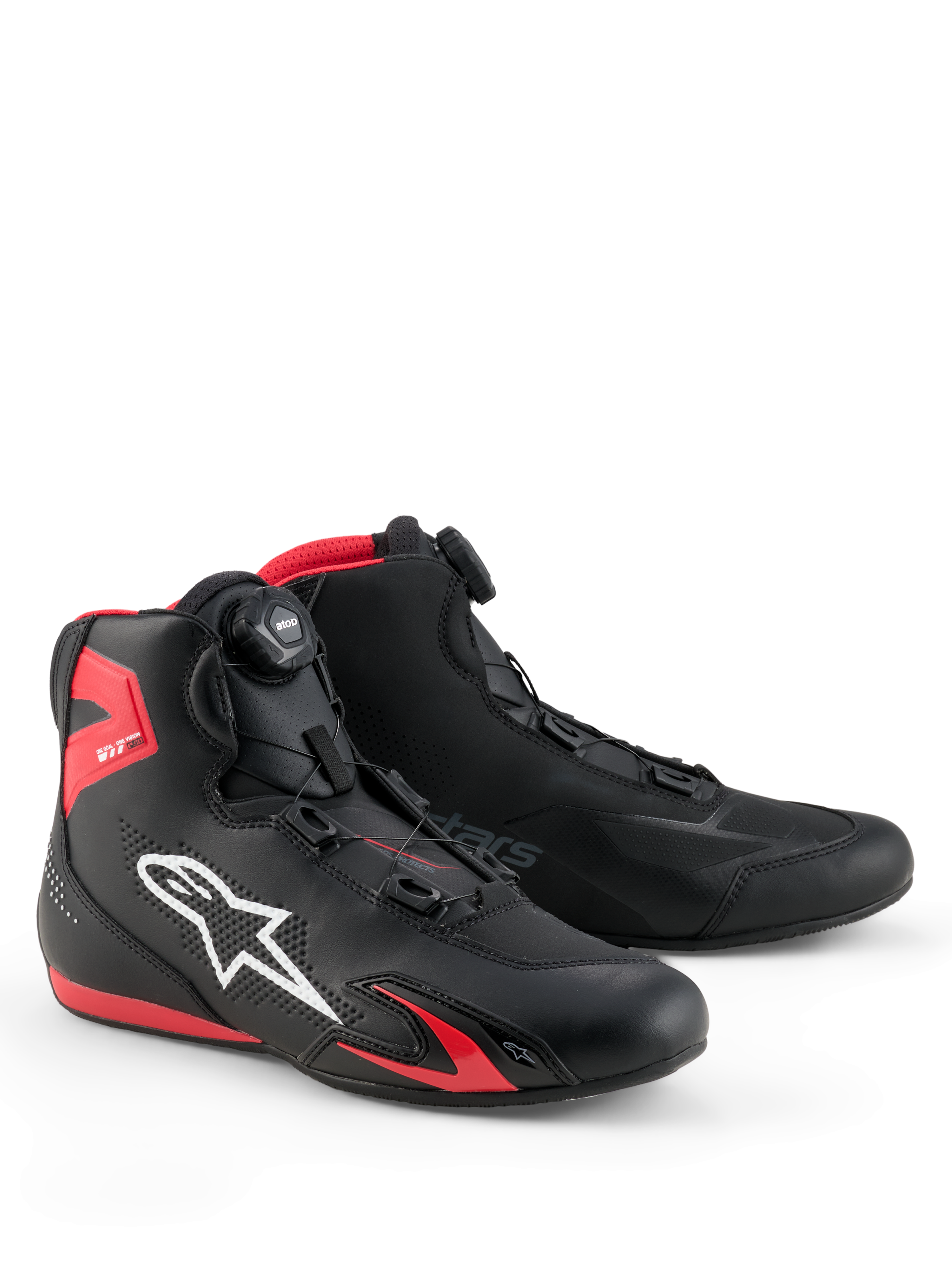 Alpinestars Celer sko, motorcykelsko, sort og klar rød, med hvidt Astars-logo, mikrometrisk drejeknap-lukkesystem og teknisk mikrofiberkonstruktion med røde TPU-detaljer, strømlinet sportsligt design til racing og gadekørsel