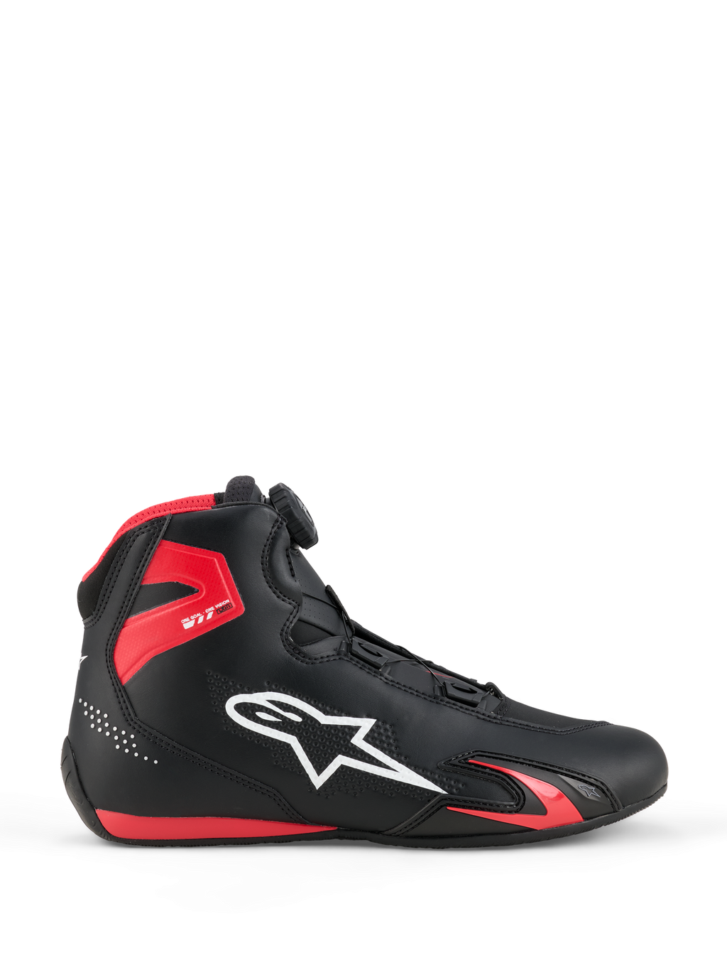 Alpinestars Celer-sko, motorcykelsko, sort og rød, profilvisning med hvidt Alpinestars-logo, Rotor-lukkesystem, rød TPU-ankelbeskyttelse og strømlinet mikrofiberkonstruktion til sport og racing