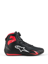 Alpinestars Celer Shoes, Motorcycle Riding Shoes, Black and Bright Red, profile view featuring white Alpinestars logo, Rotor closure system dial, red TPU ankle protection, and streamlined microfiber construction for sport and racing