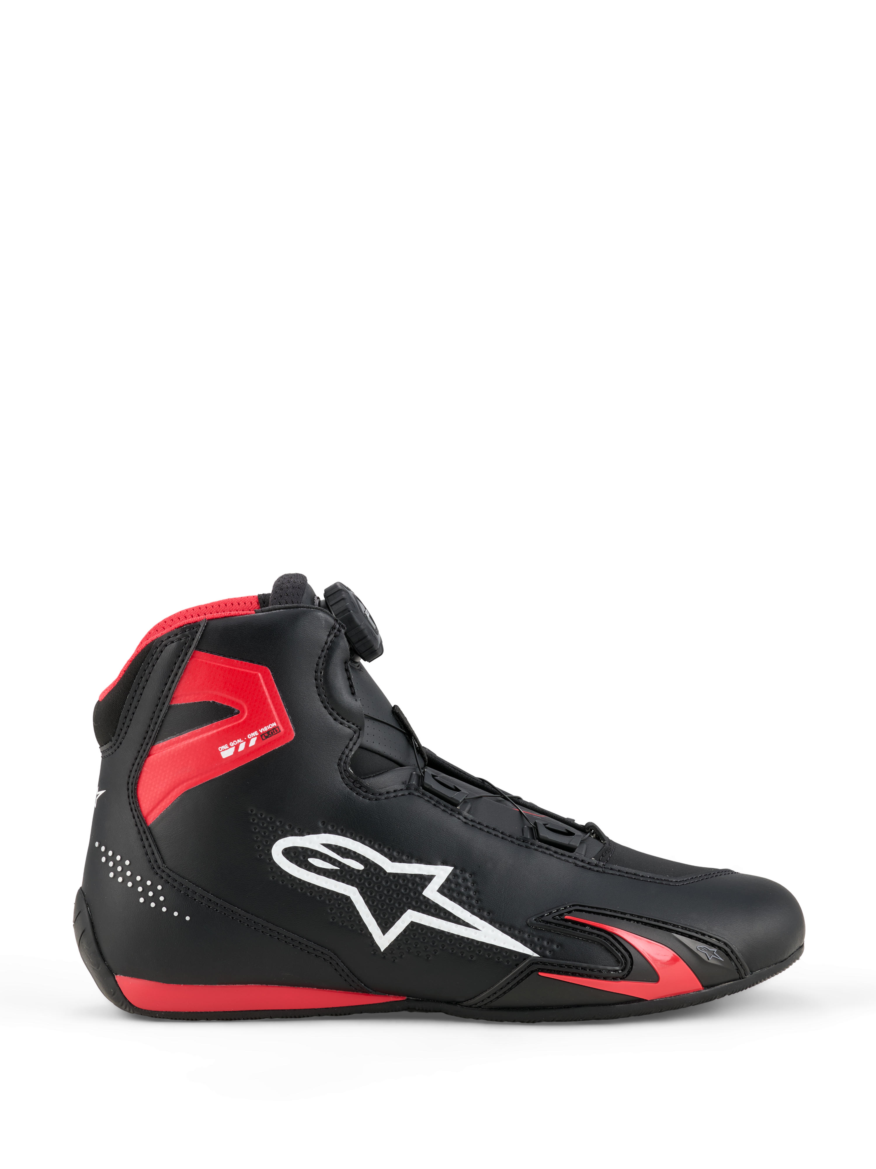 Alpinestars Celer-sko, motorcykelsko, sort og rød, profilvisning med hvidt Alpinestars-logo, Rotor-lukkesystem, rød TPU-ankelbeskyttelse og strømlinet mikrofiberkonstruktion til sport og racing