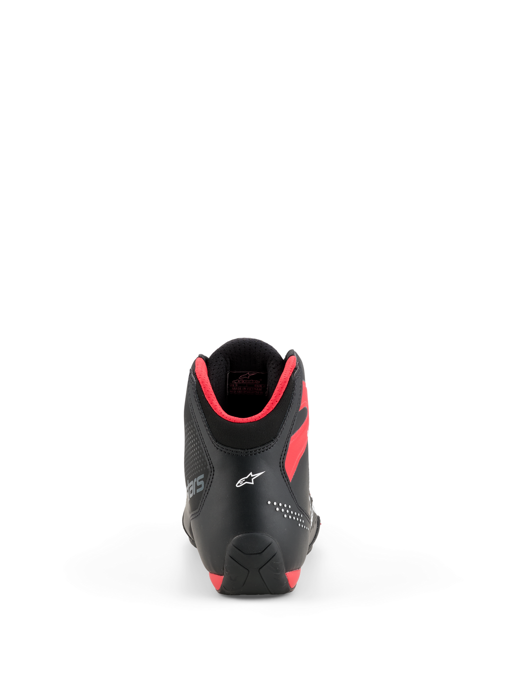 Alpinestars Celer sko, motorcykelsko, sort og klar rød, set bagfra med hvidt Astar-logo på hælen og klar rød polstring ved kraven, strømlinet sportsperformance-design
