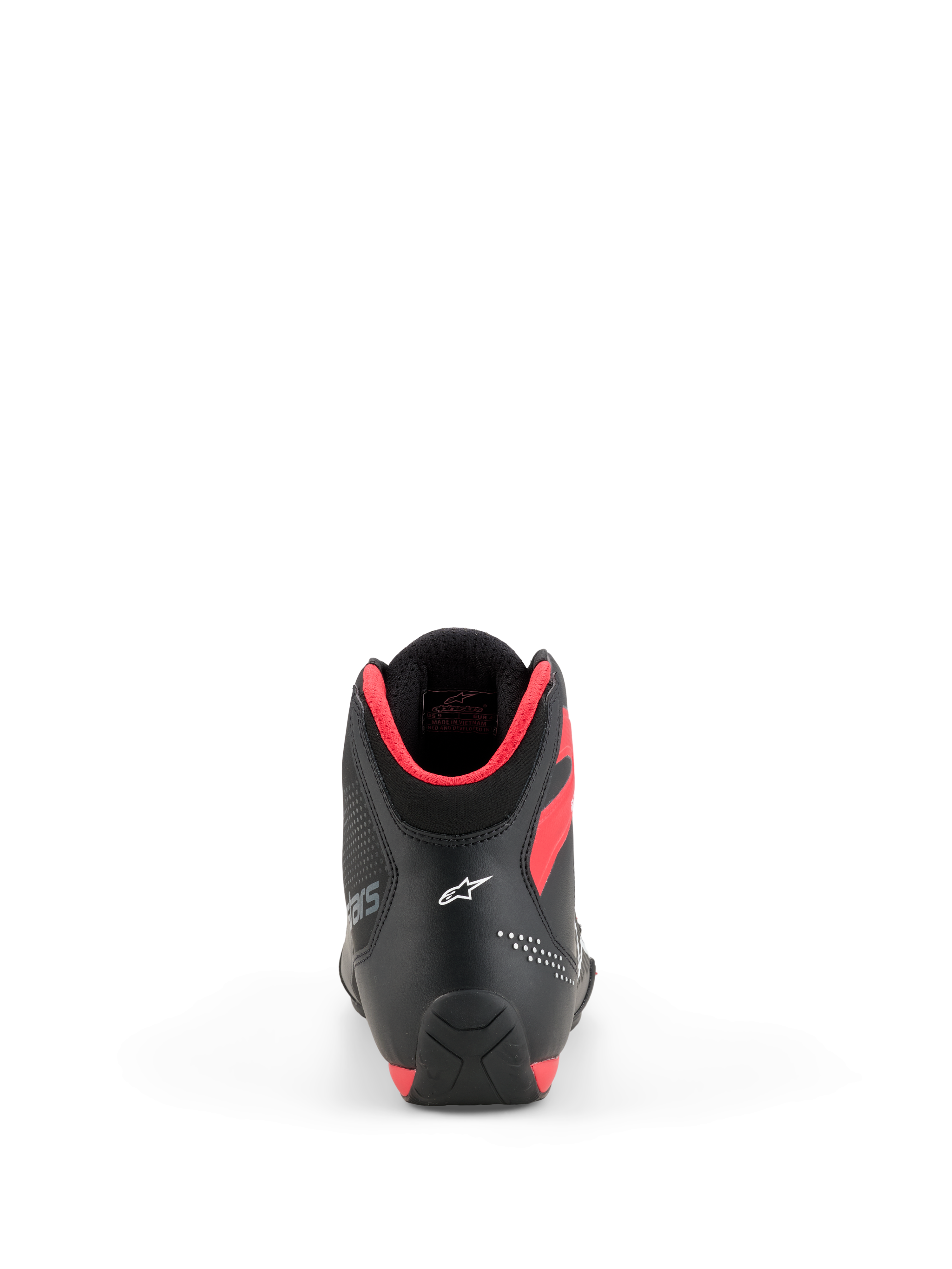 Alpinestars Celer sko, motorcykelsko, sort og klar rød, set bagfra med hvidt Astar-logo på hælen og klar rød polstring ved kraven, strømlinet sportsperformance-design