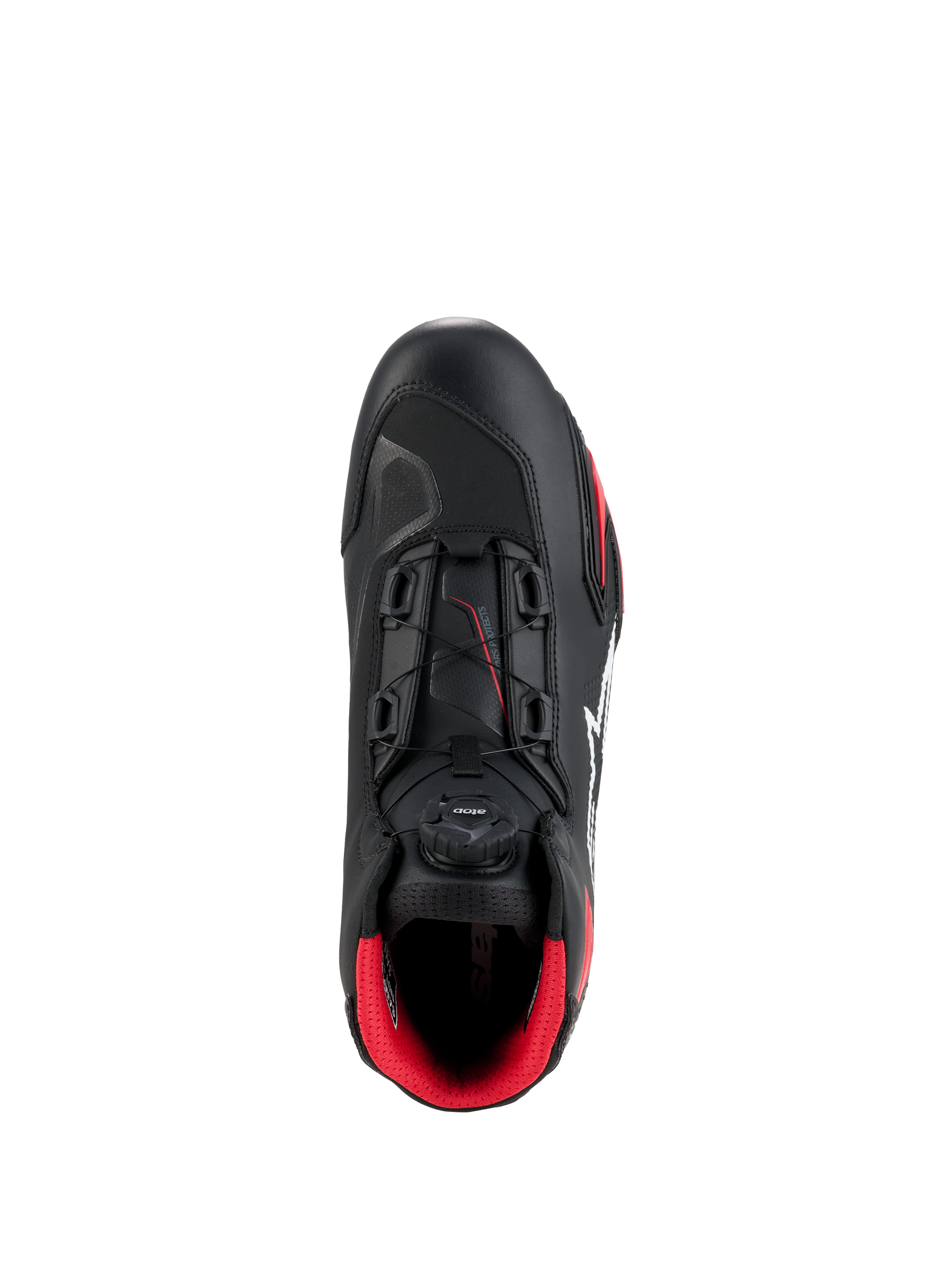 Alpinestars Celer Shoes, Black and Bright Red, top-down view highlighting the Rotor closure system dial, technical microfiber construction, and vibrant red interior lining, sport motorcycle riding shoes