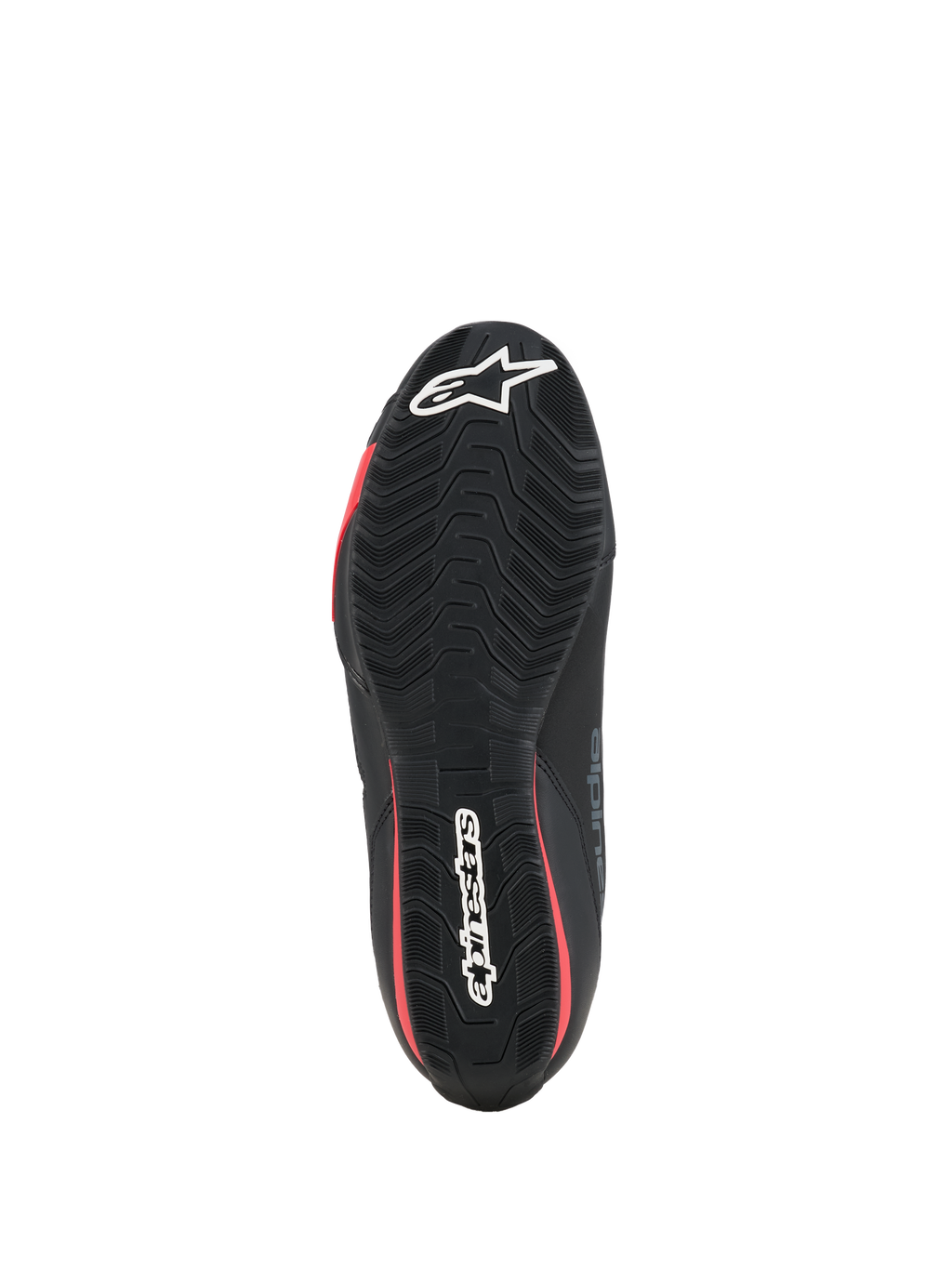 Alpinestars Celer sko, motorcykelsko, sort og klar rød, set nedefra, viser den teksturerede gummisål med hvidt Alpinestars-logo og røde detaljer.