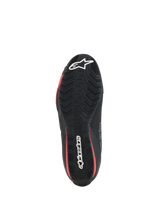 Alpinestars Celer Shoes, Motorcycle Riding Shoes, Black and Bright Red, bottom view showing the textured rubber sole with white Alpinestars branding and red accents.