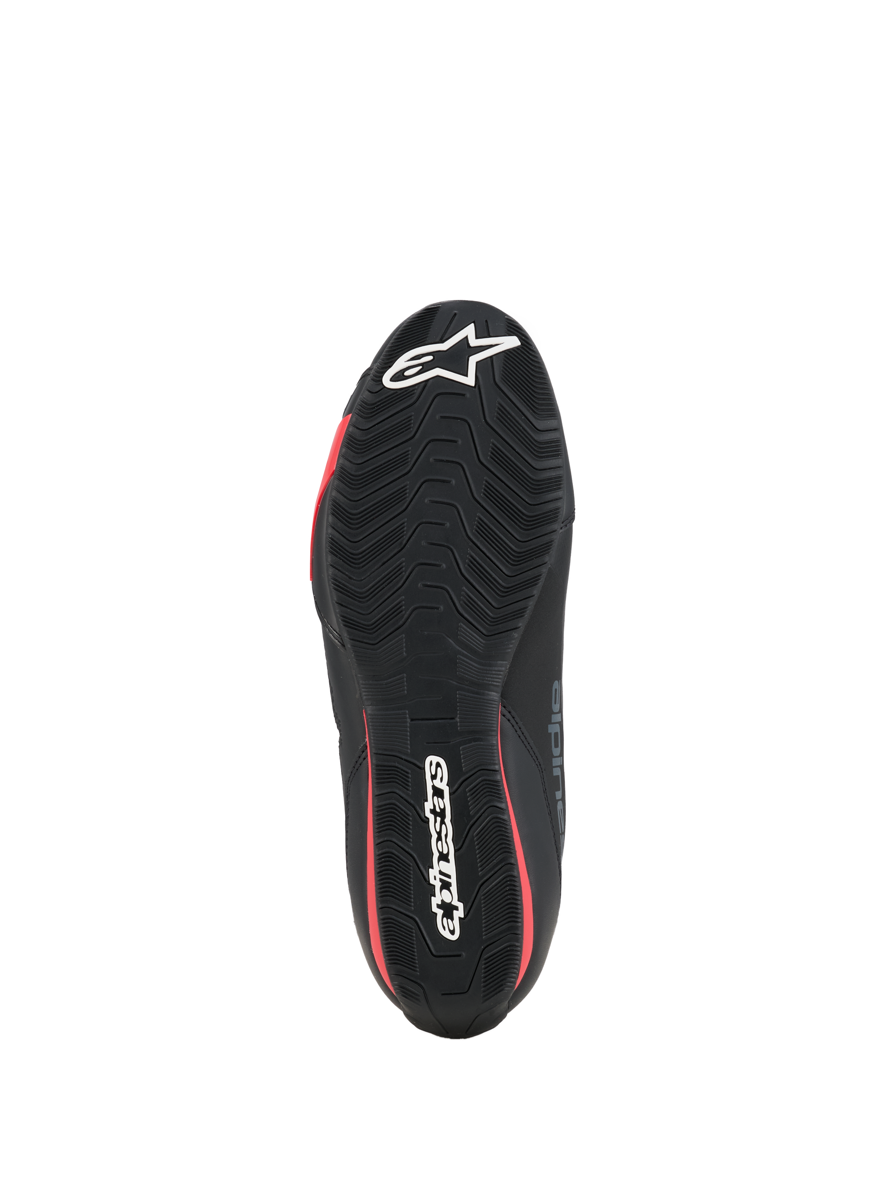 Alpinestars Celer sko, motorcykelsko, sort og klar rød, set nedefra, viser den teksturerede gummisål med hvidt Alpinestars-logo og røde detaljer.
