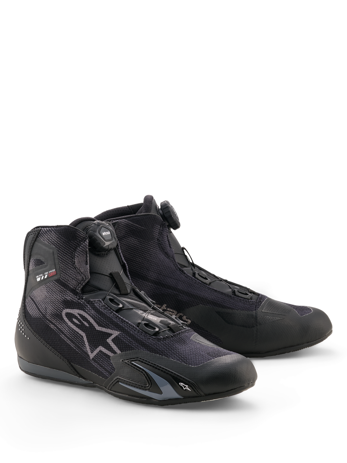 Alpinestars Celer Superair sko, motorcykelsko, sort og mørkegrå, udstyret med Rotor-lukkesystem, overdel i tekstil med høj luftgennemstrømning, strømlinet sportsprofil med Alpinestars-branding, designet til kørsel i varmt vejr