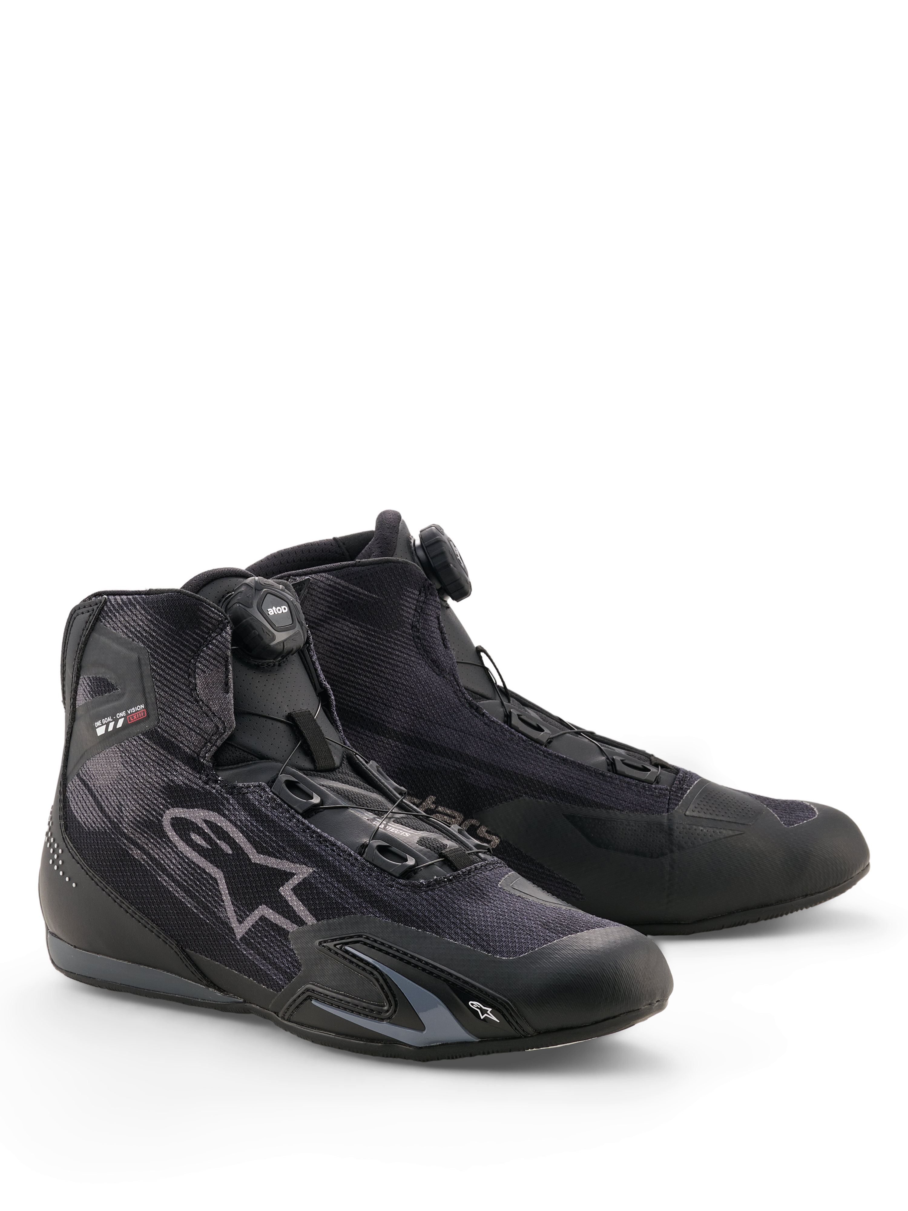 Alpinestars Celer Superair sko, motorcykelsko, sort og mørkegrå, udstyret med Rotor-lukkesystem, overdel i tekstil med høj luftgennemstrømning, strømlinet sportsprofil med Alpinestars-branding, designet til kørsel i varmt vejr