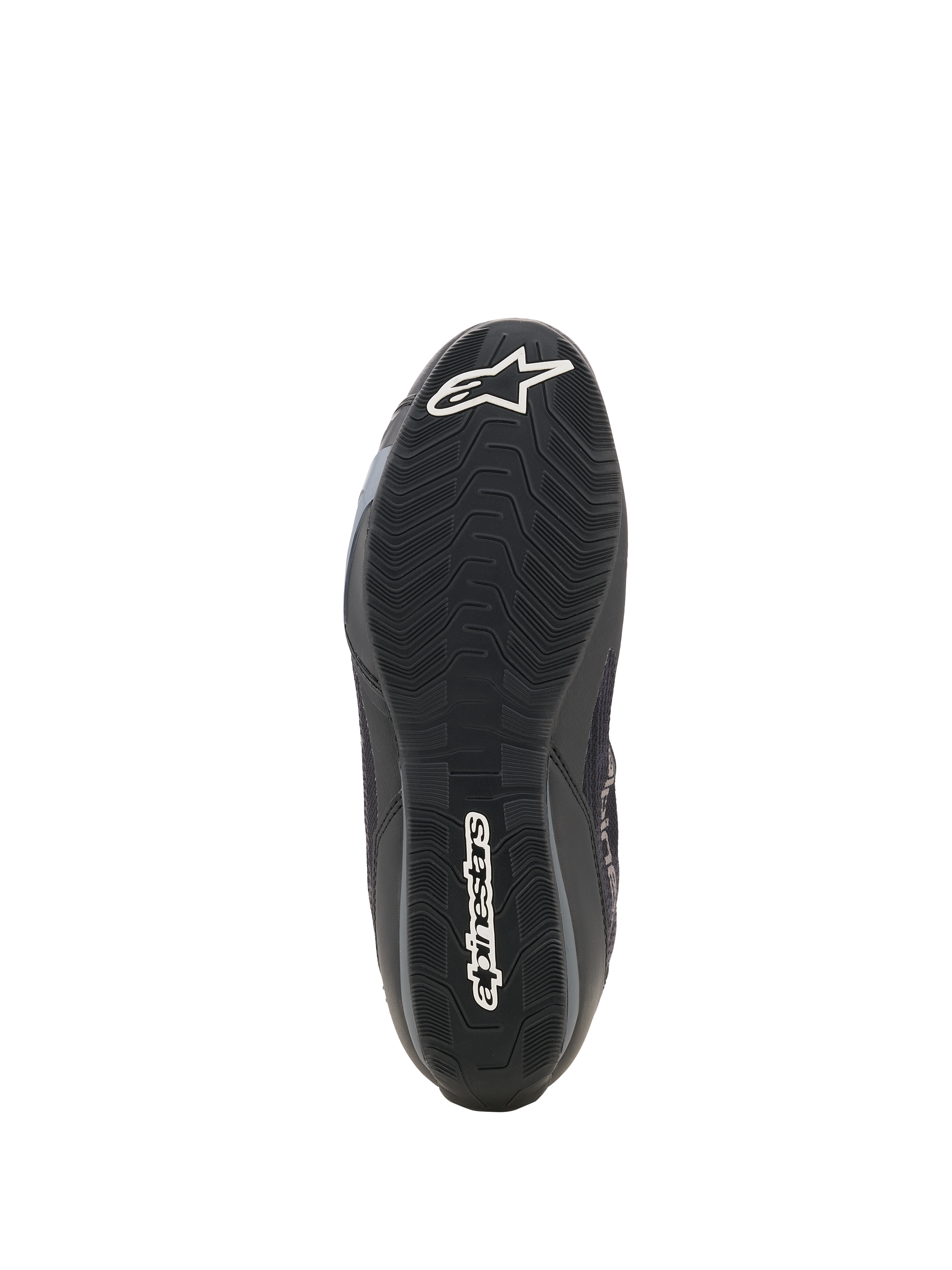 Alpinestars Celer Superair-sko, motorcykelsko, sort og mørkegrå, set nedefra, tekstureret oliebestandig gummiydersål med hvidt Alpinestars-stjernelogo ved tåen og navnetræk ved hælen