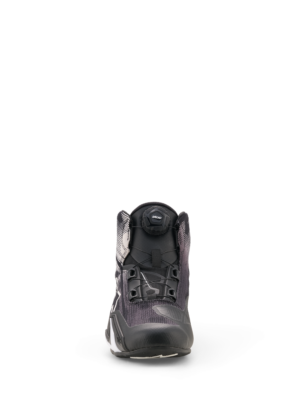 Alpinestars Celer Superair Shoes, Black and White motorcycle riding shoes, front-facing view highlighting the Atop rotor closure system on the tongue and the technical mesh upper.