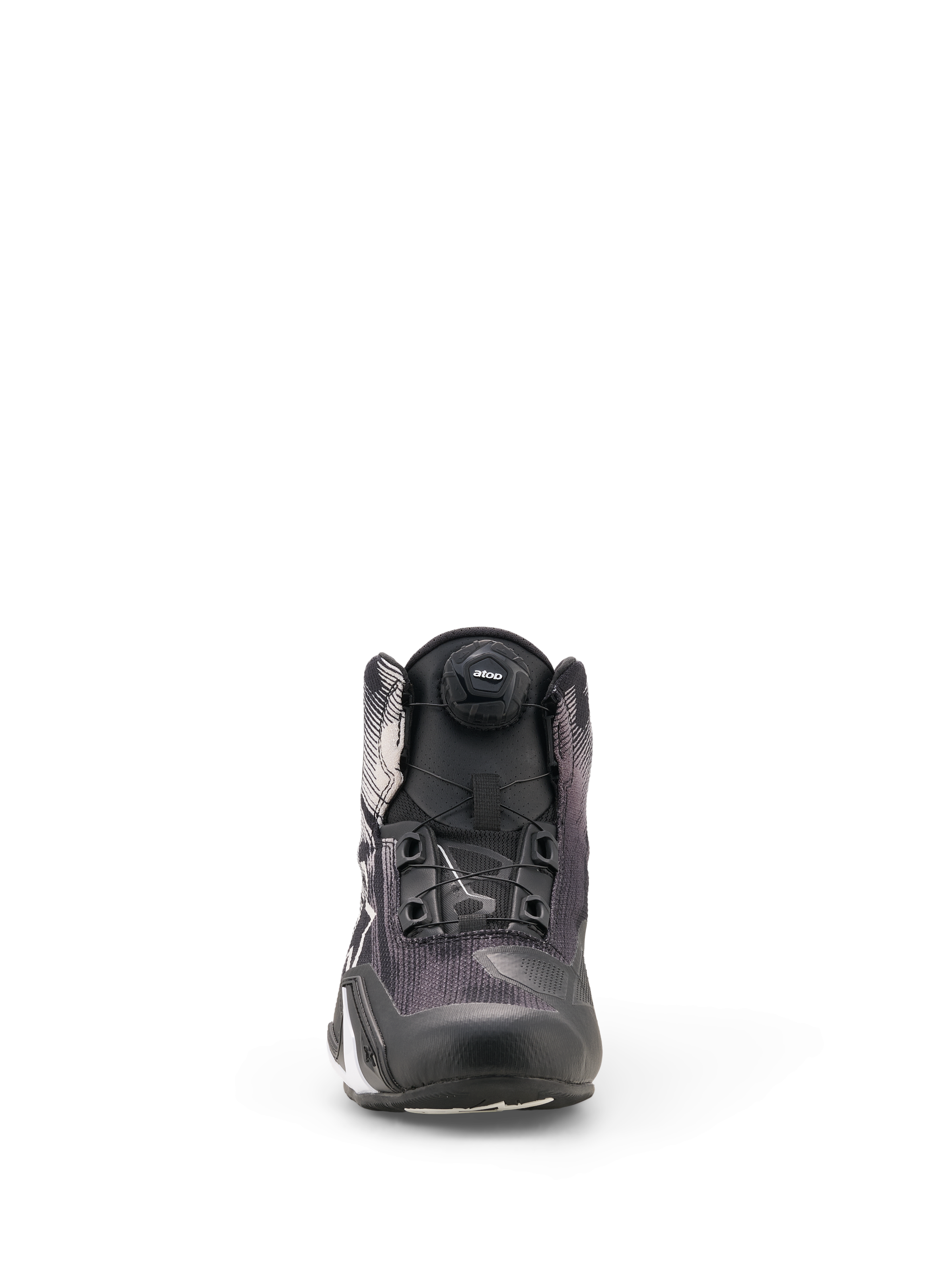 Alpinestars Celer Superair Shoes, Black and White motorcycle riding shoes, front-facing view highlighting the Atop rotor closure system on the tongue and the technical mesh upper.