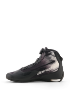 Alpinestars Celer Superair Shoes, Black and White, motorcycle riding shoes, side profile view, featuring Rotor Closure System dial, textile upper with white graphic patterns and Alpinestars logo, sport and leisure design