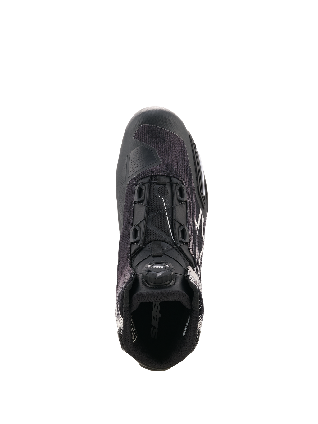 Alpinestars Celer Superair Shoes, Black and White motorcycle riding shoe shown from a top-down perspective, featuring the integrated Rotor Closure System, breathable textile upper, and sport-inspired design for warm-weather performance.
