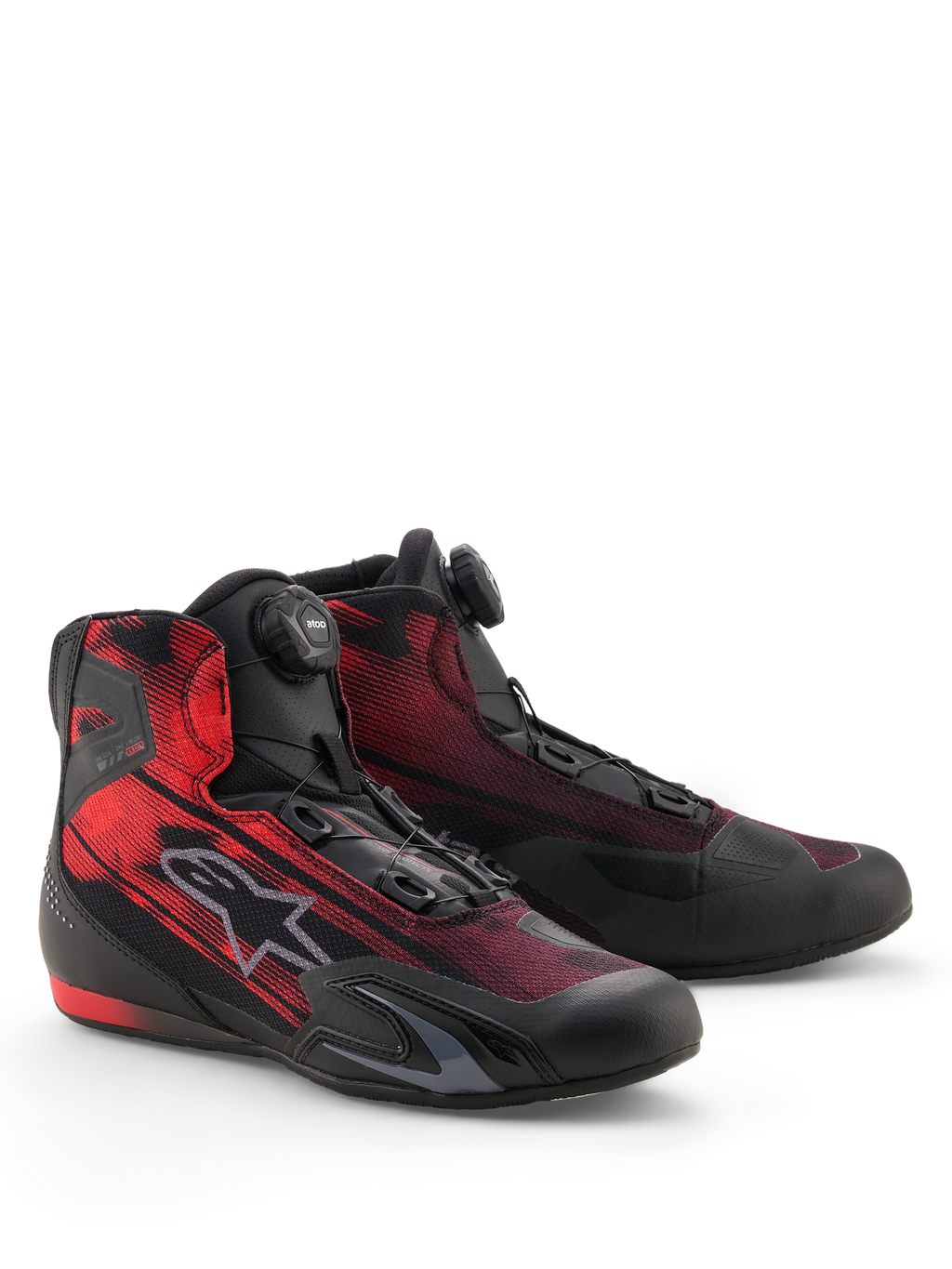Alpinestars Celer Superair sko, sportsmotorcykelsko, sort og klar rød, med Alpinestars Rotor-lukningssystem og åndbar airflow-tekstiloverdel, strømlinet design med TPU-forstærkninger og tekstureret grebssål