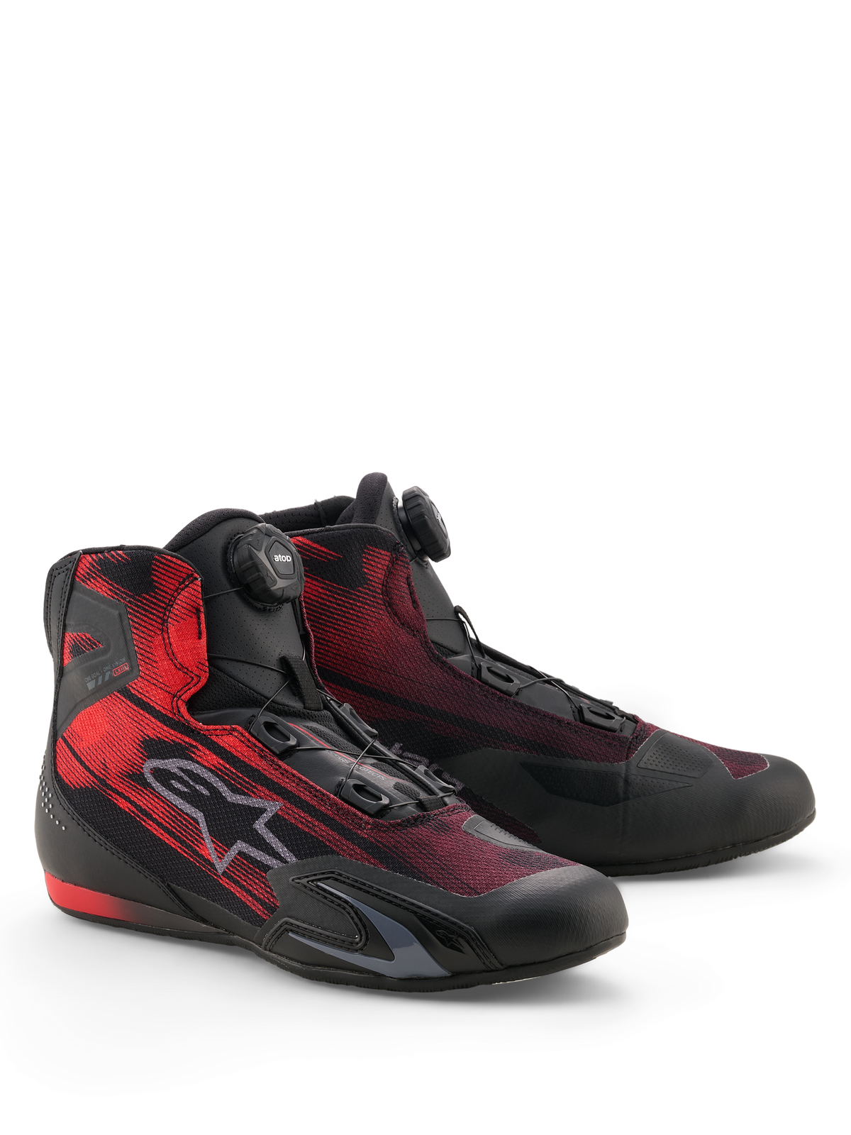 Alpinestars Celer Superair sko, sportsmotorcykelsko, sort og klar rød, med Alpinestars Rotor-lukningssystem og åndbar airflow-tekstiloverdel, strømlinet design med TPU-forstærkninger og tekstureret grebssål