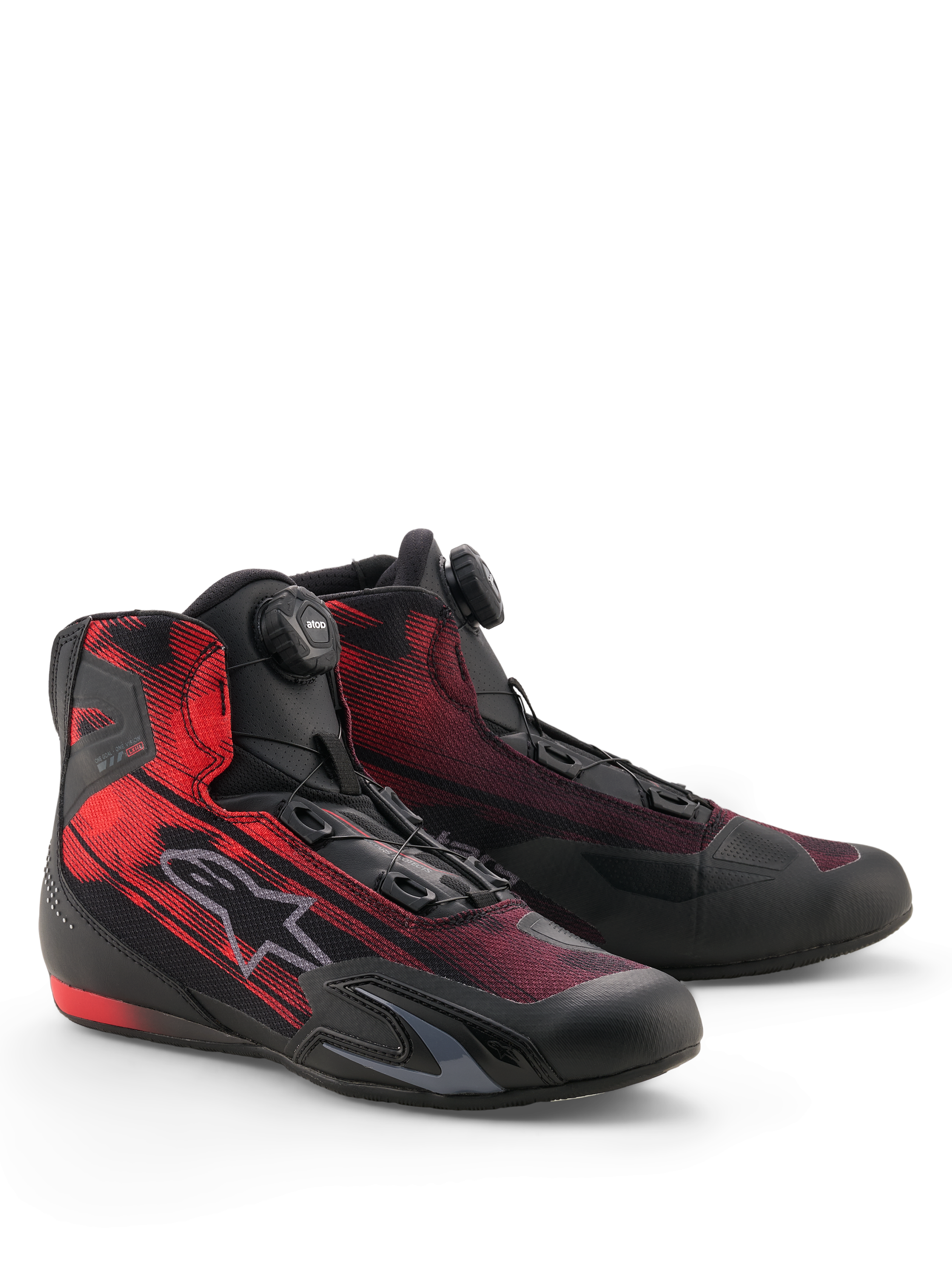 Alpinestars Celer Superair sko, sportsmotorcykelsko, sort og klar rød, med Alpinestars Rotor-lukningssystem og åndbar airflow-tekstiloverdel, strømlinet design med TPU-forstærkninger og tekstureret grebssål