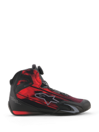 Alpinestars Celer Superair sko, motorcykelsko, sort og klar rød, set fra siden med en stribet grafisk tekstiloverdel, gråt Alpinestars-logo og Rotor-lukningssystem, sporty performance-fodtøj til motorcyklister