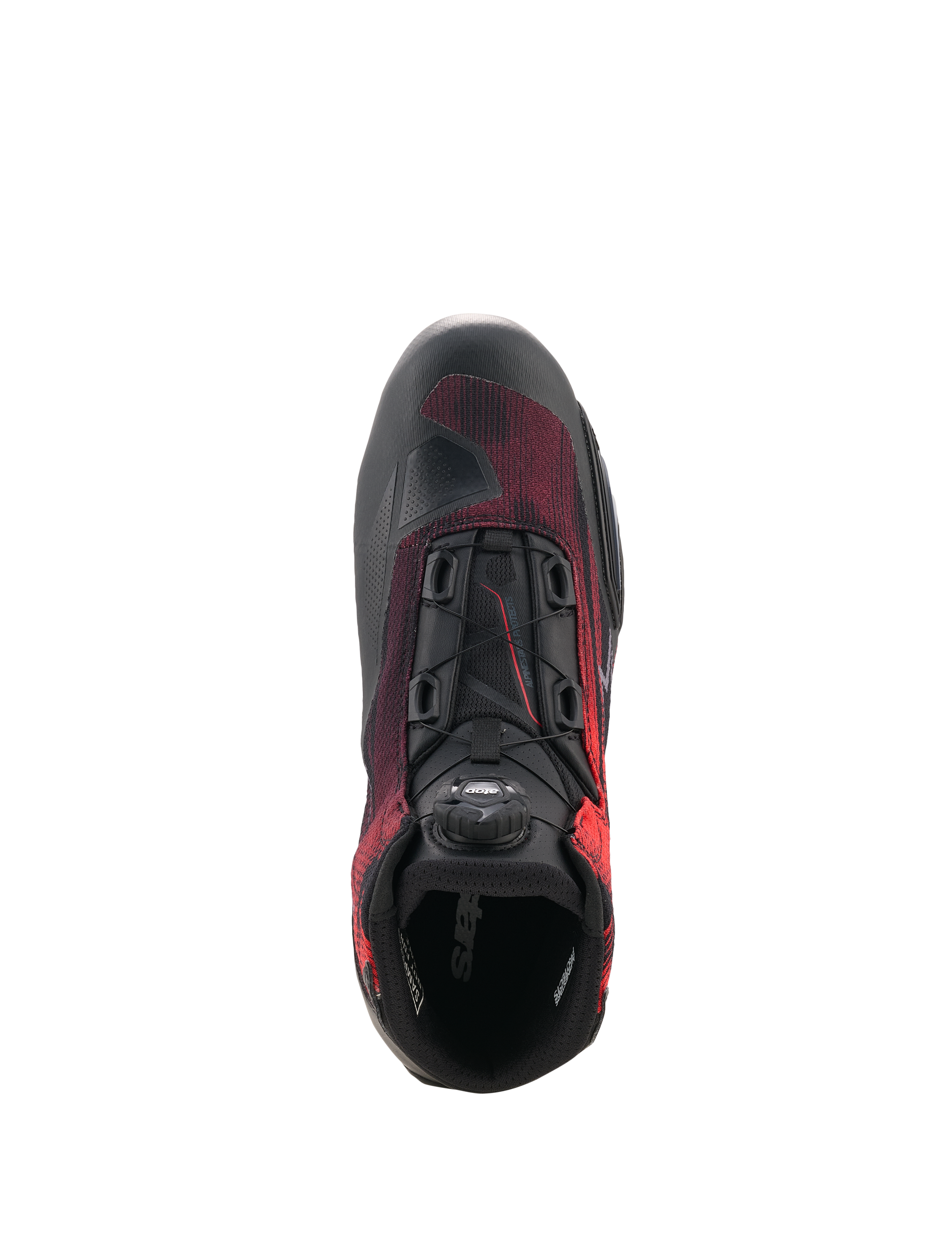 Alpinestars Celer Superair sko, motorcykelsko, sort og klar rød, set oppefra, der viser Rotor Lukningssystem-drejeknappen, åndbart airflow-tekstil og forstærket konstruktion til sportskørsel.