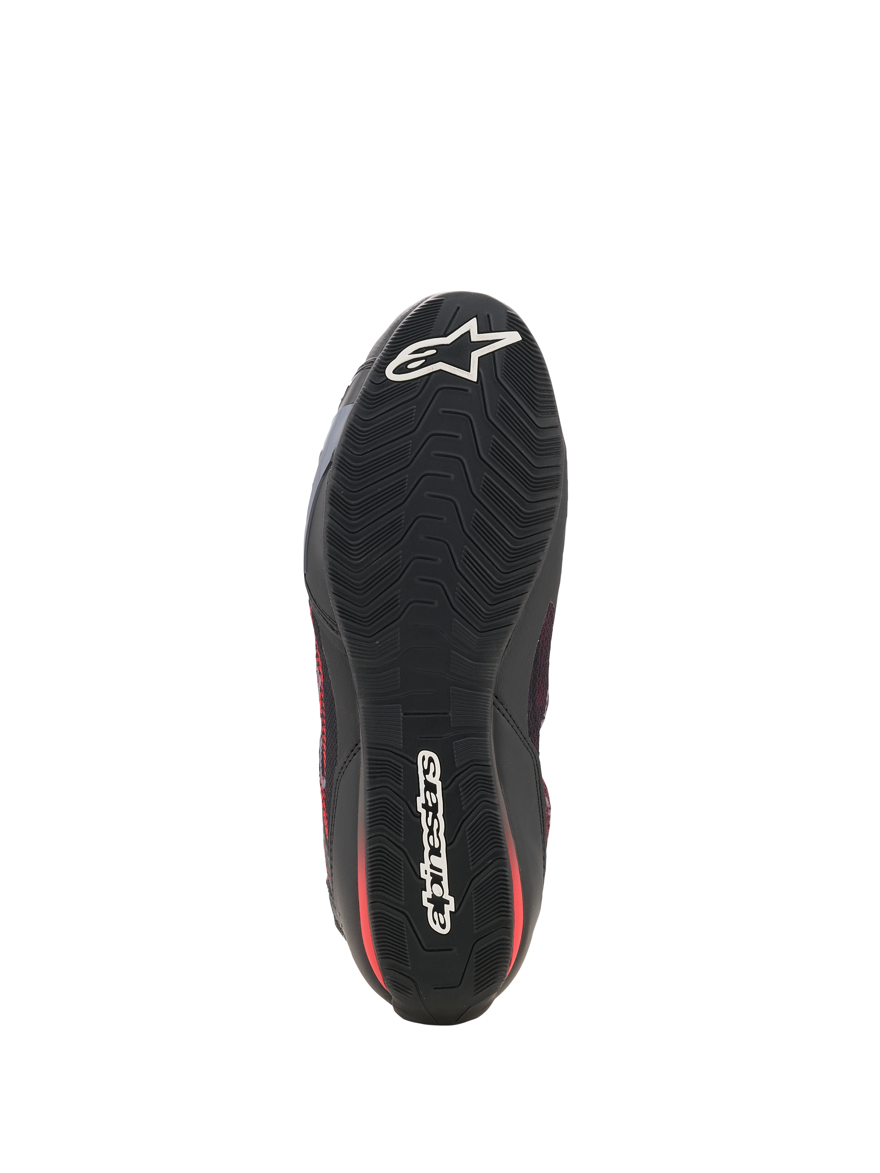 Alpinestars Celer Superair sko, motorcykelsko, sort og klar rød, set fra bunden, der viser den sorte oliebestandige gummiydersål med et tekstureret bølget grebsmønster og hvid Alpinestars-branding på tåen og hælen