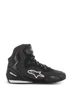 Alpinestars Faster-3 Rideknit Shoes, Black high-top motorcycle riding shoe, white star logo, textured knit and mesh construction, lace closure with ankle strap, reinforced heel and toe, low-profile sole with white accents