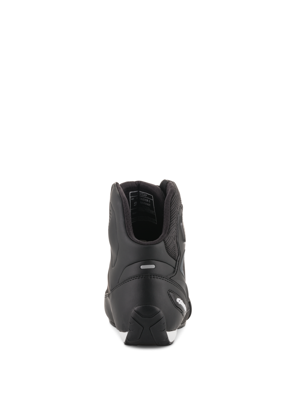 Alpinestars Faster-3 Rideknit® Shoes, Black Motorcycle Riding Shoes, rear view showing TPR heel counter and microfiber construction, sleek and protective road racing footwear