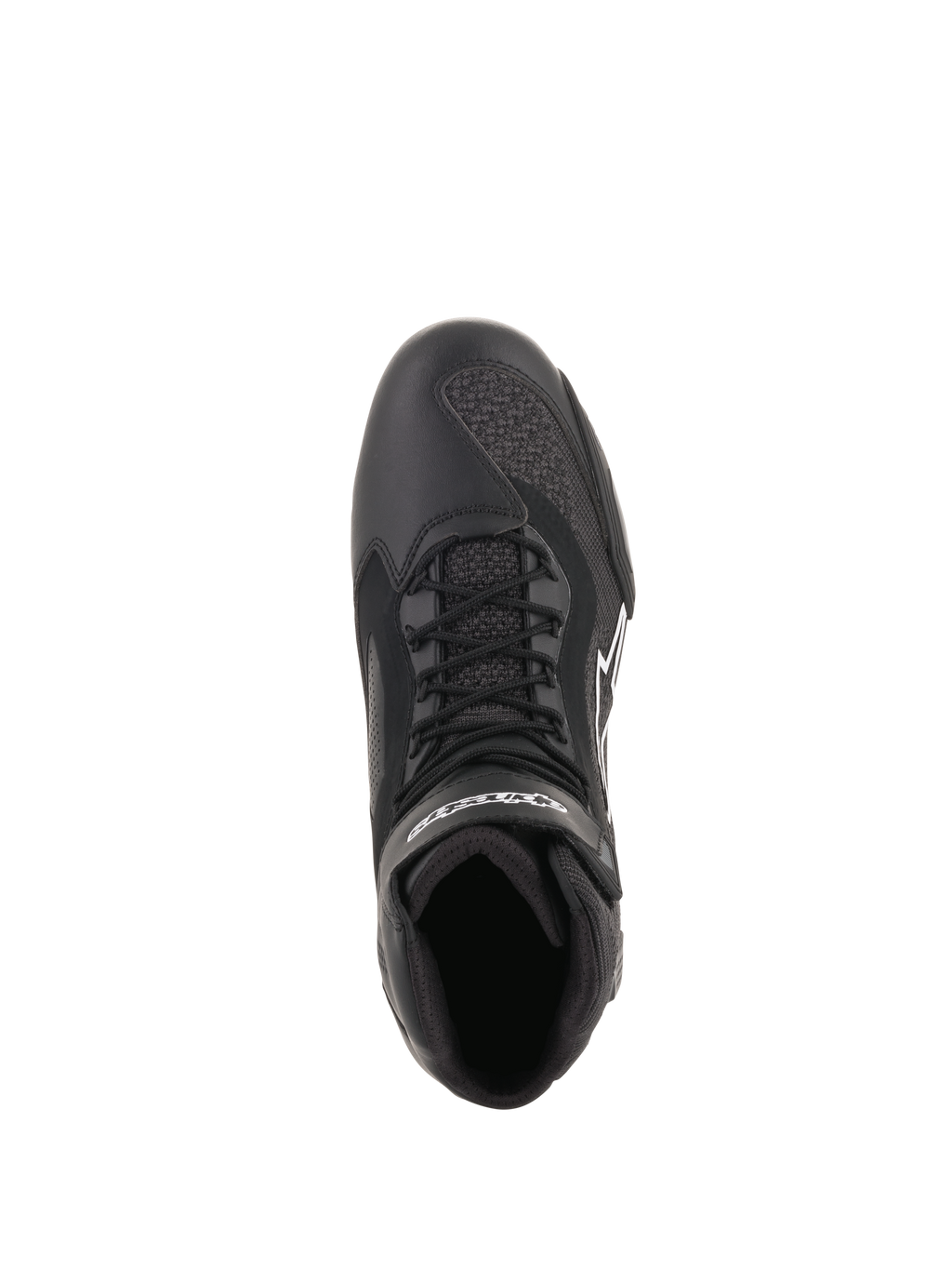 Alpinestars Faster-3 Rideknit® Shoes, Black, top-down view showing laces and breathable mesh panels, lightweight microfiber and knit construction, performance motorcycle footwear