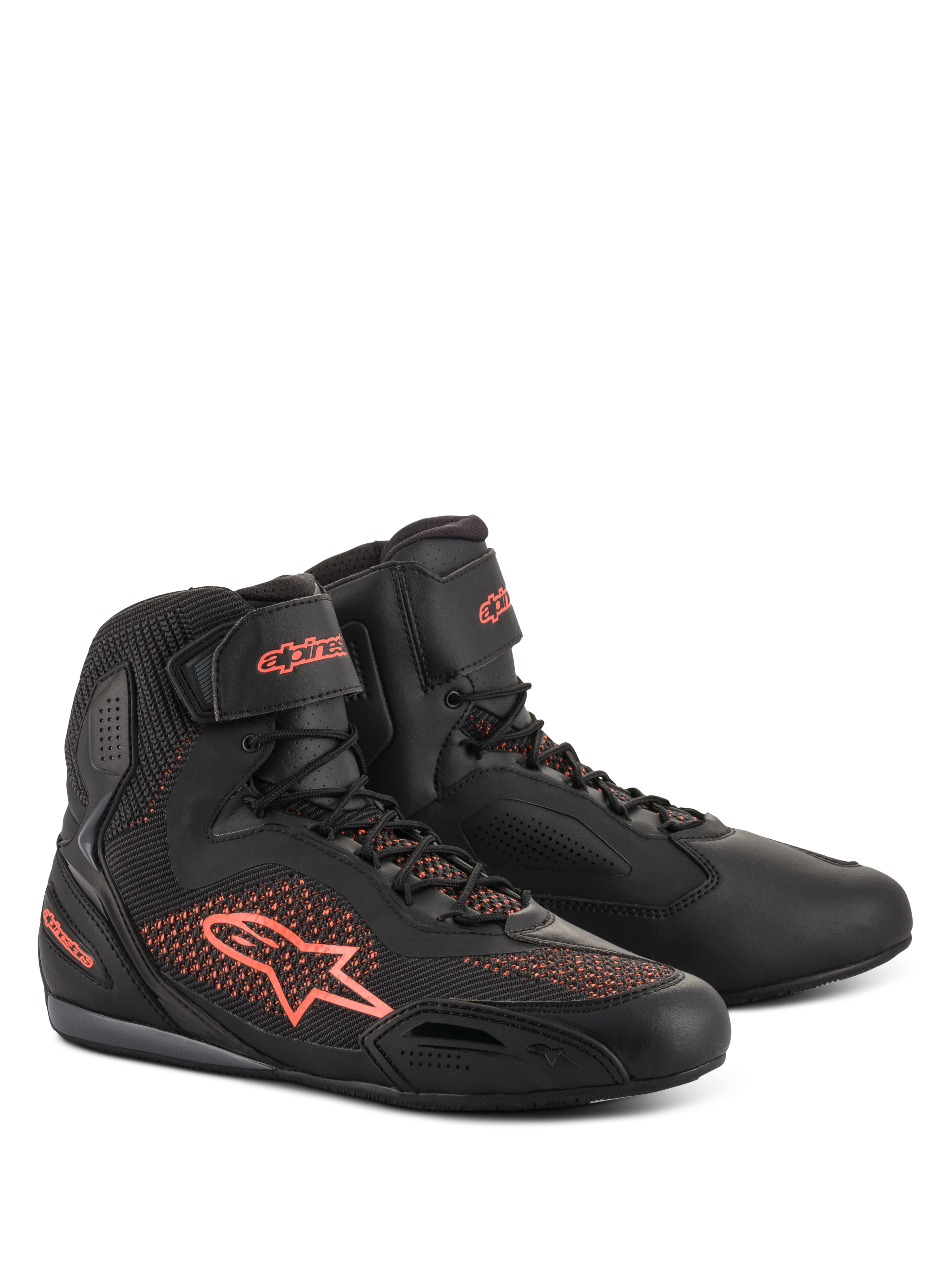Alpinestars Faster-3 Rideknit Shoes, Motorcycle Riding Shoes, Black and Red Fluorescent, featuring breathable knit panels and lightweight microfiber construction, high-top profile with Alpinestars logo on the side and heel, secure lace-up closure with hook-and-loop ankle strap