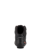 Alpinestars Faster-3 Rideknit® Shoes, Motorcycle Riding Shoes, Black and Red Fluo, rear view highlighting the TPR heel counter, padded ankle collar, and red logo detail on the heel.