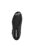 Alpinestars Faster-3 Rideknit® Shoes, Black Motorcycle Riding Shoes, Sole View featuring a textured grip pattern and white Alpinestars logos on the toe and heel