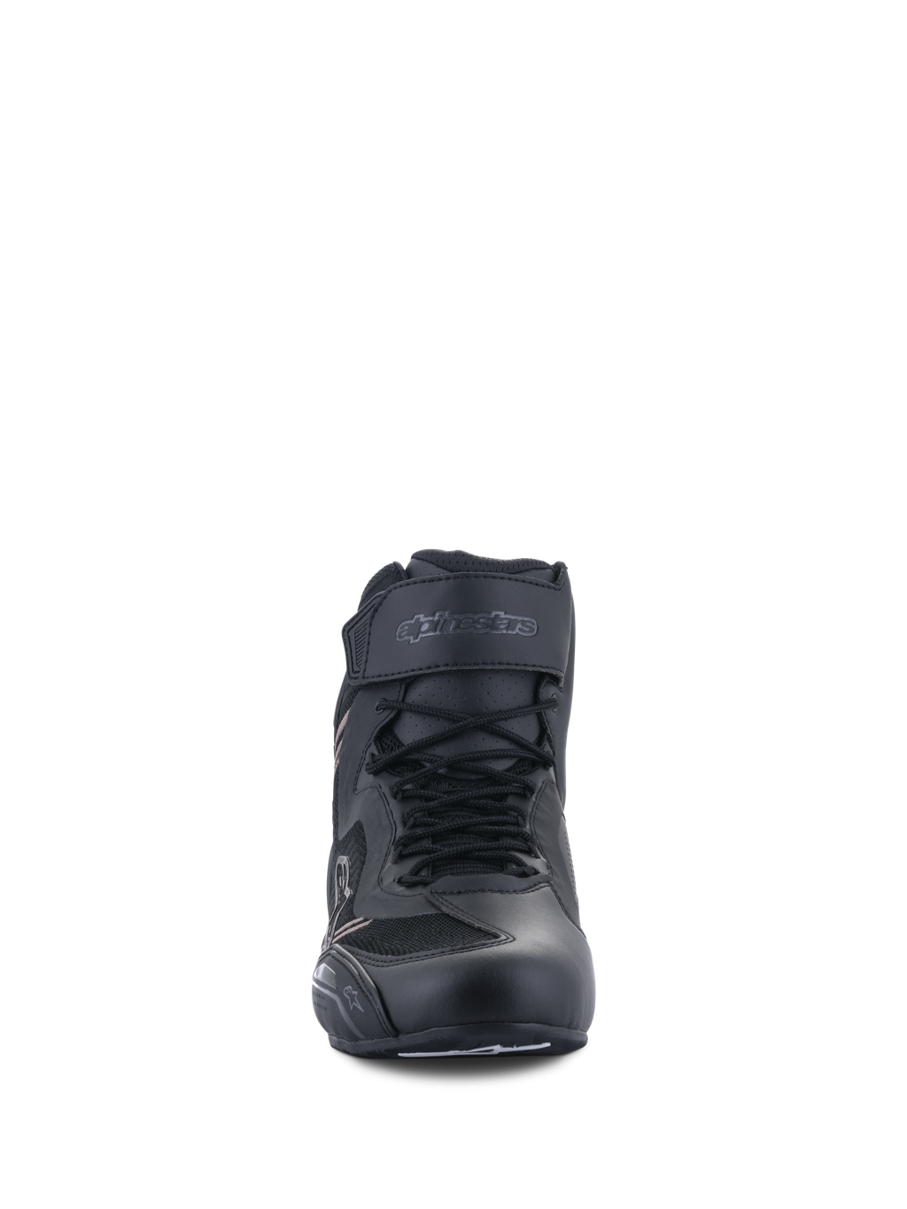 Alpinestars Faster-3 Rideknit® sko, motorcykelsko, sort sort, set forfra med snørebånd og velcro-ankelrem, letvægts mikrofiber- og mesh-konstruktion