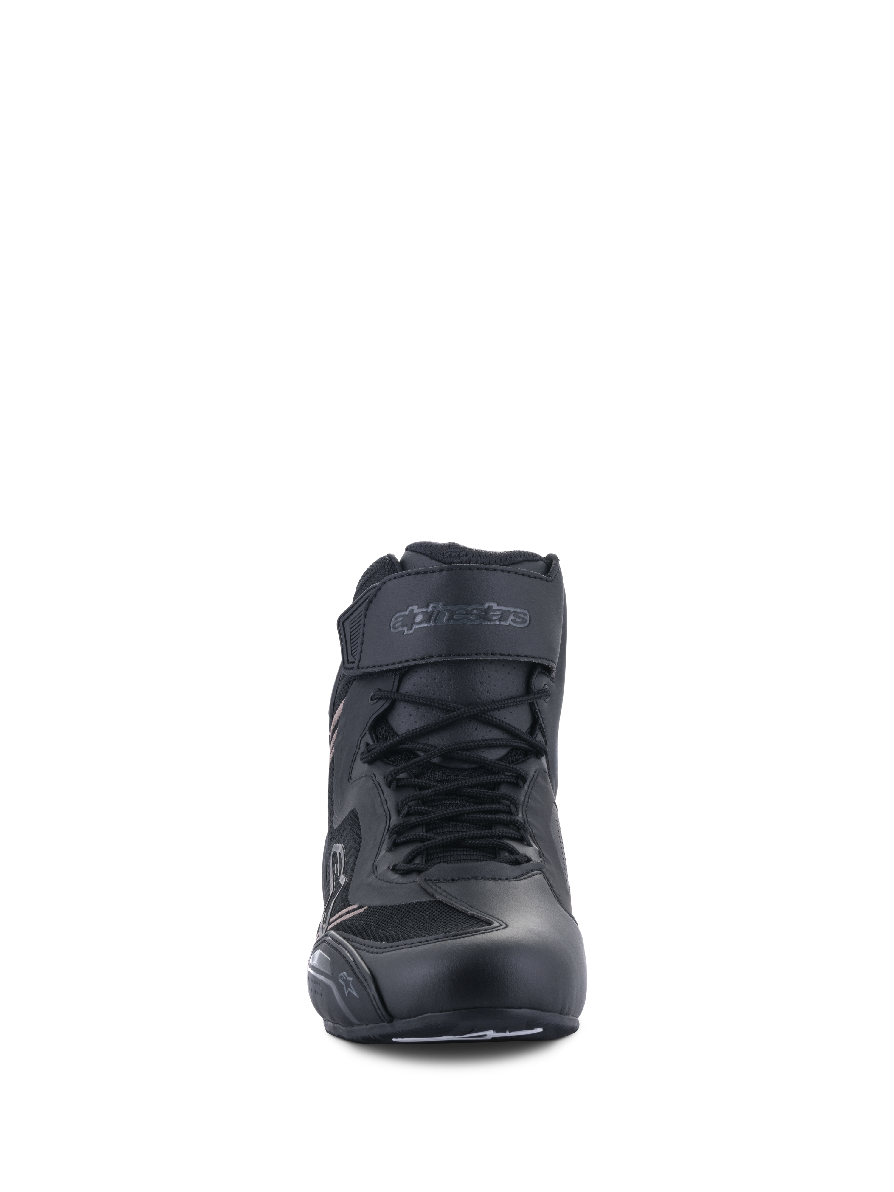 Alpinestars Faster-3 Rideknit® sko, motorcykelsko, sort sort, set forfra med snørebånd og velcro-ankelrem, letvægts mikrofiber- og mesh-konstruktion