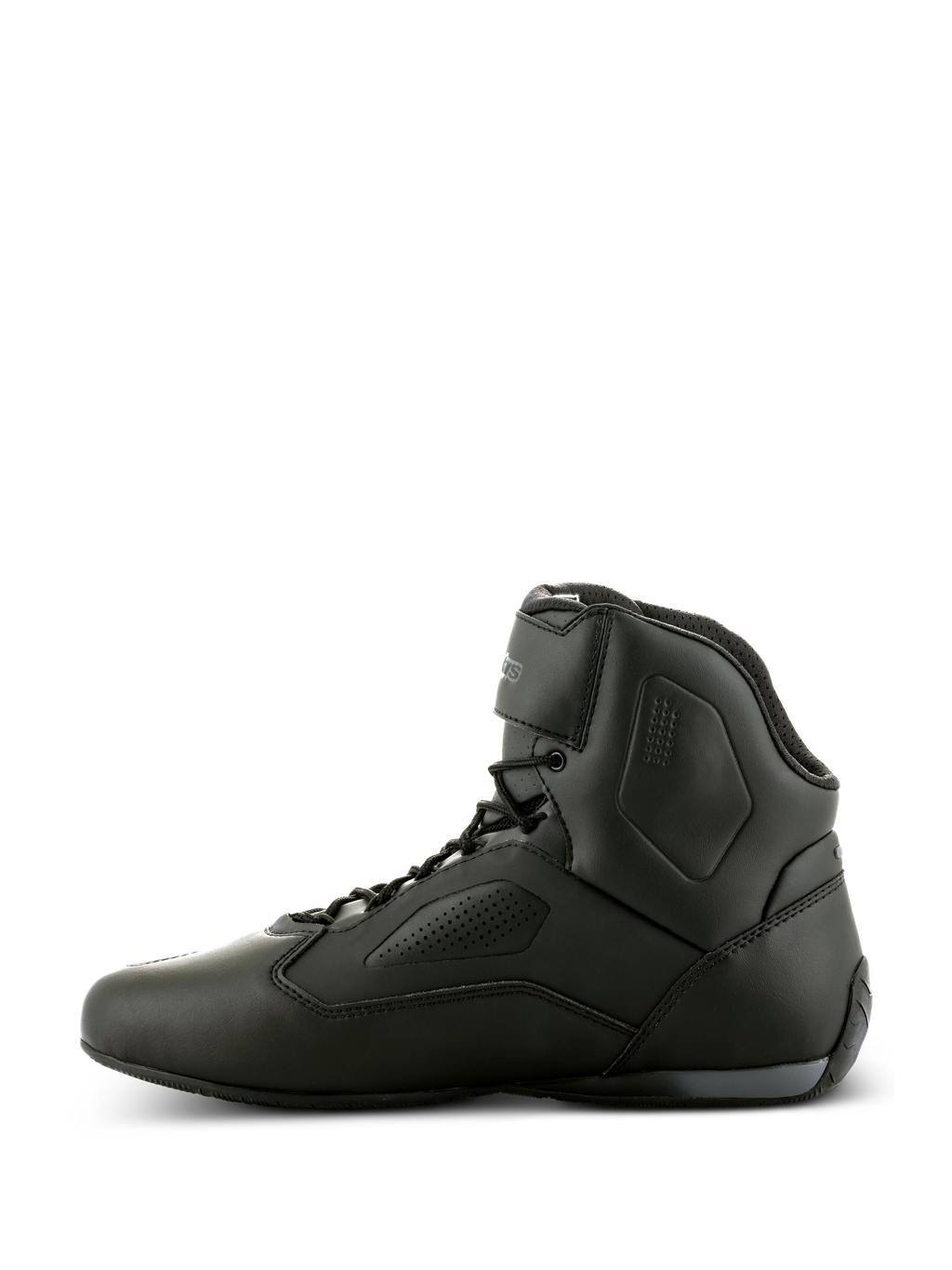 Alpinestars Faster-3 Rideknit® sko, sorte motorcykel-køresko, sideprofil, strømlinet mikrofiber-chassis med perforerede paneler, high-top design med snørelukning og ankelrem, højtydende road racing-fodtøj
